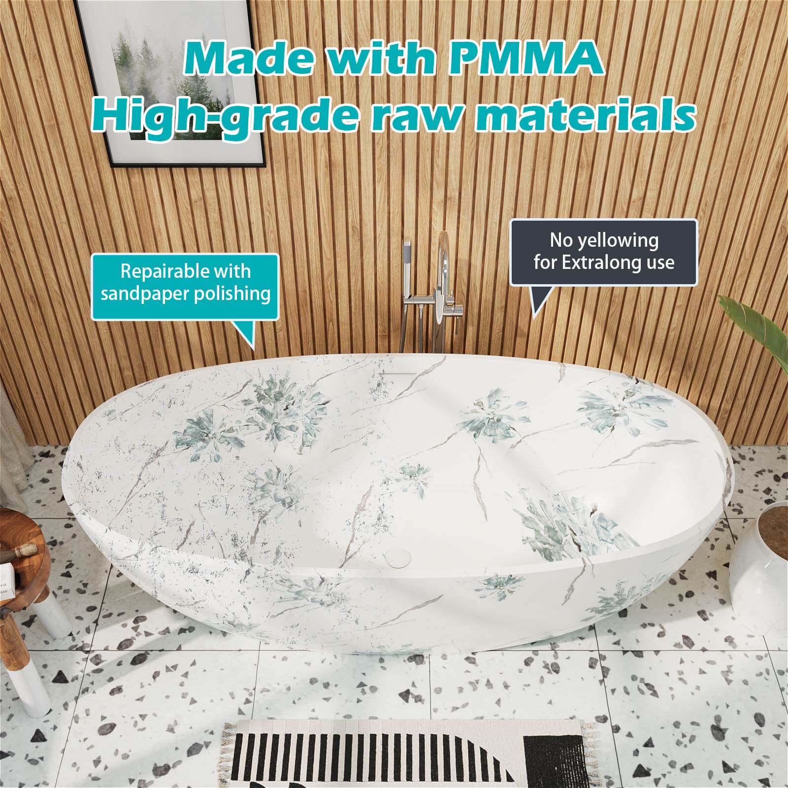 65" Floral Patterned Freestanding Tub with Stone-Inspired Art Finish - Image 10