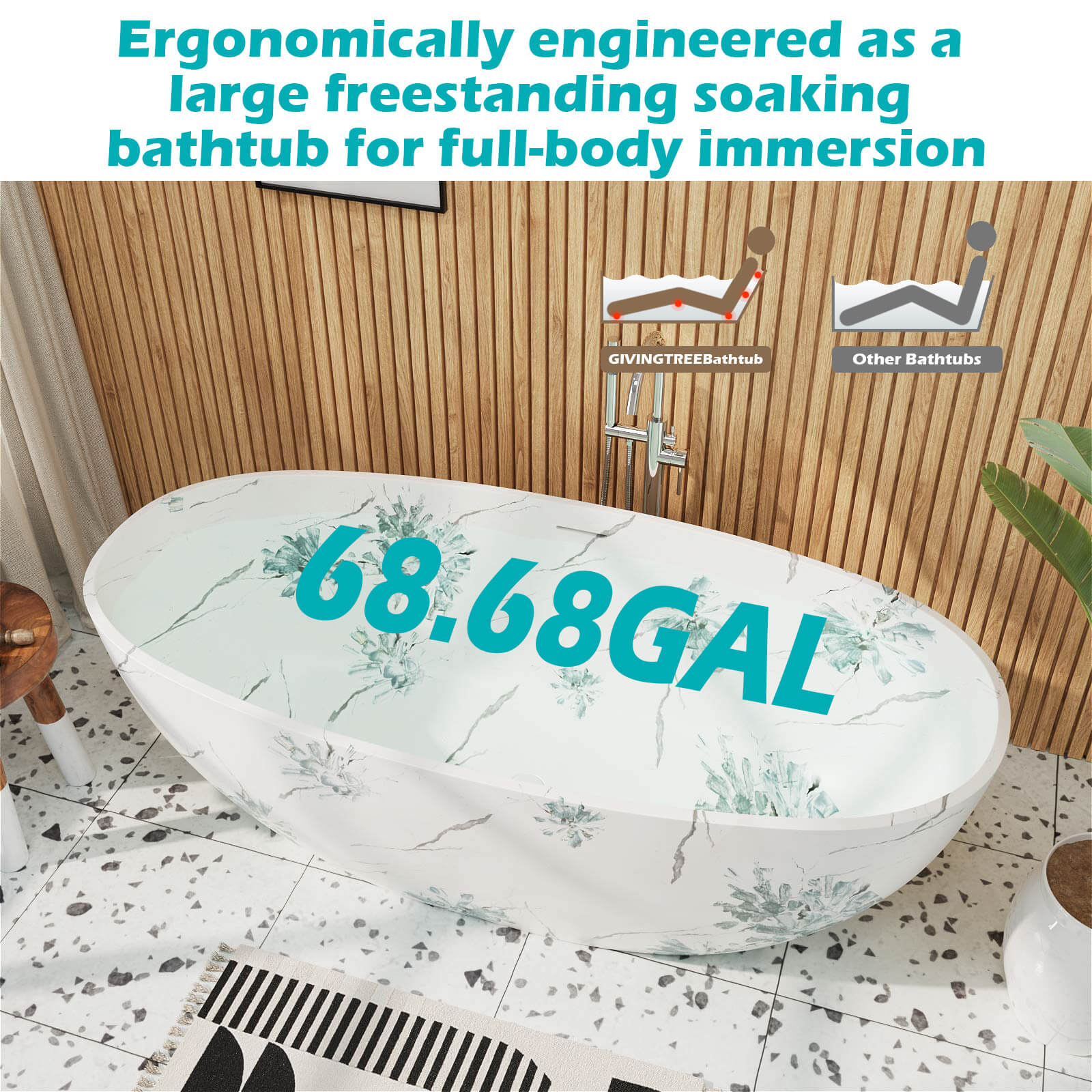 65" Floral Patterned Freestanding Tub with Stone-Inspired Art Finish - Image 11