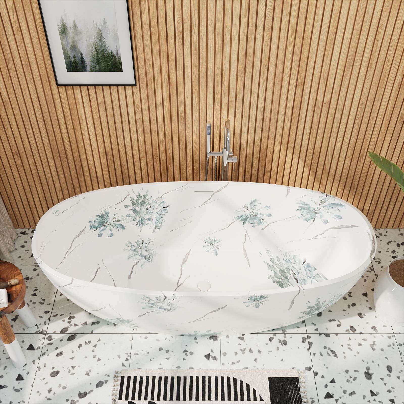 65" Floral Patterned Freestanding Tub with Stone-Inspired Art Finish - Image 3