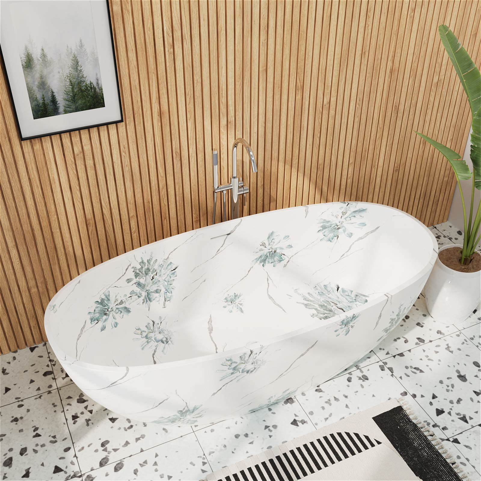 65" Floral Patterned Freestanding Tub with Stone-Inspired Art Finish - Image 4