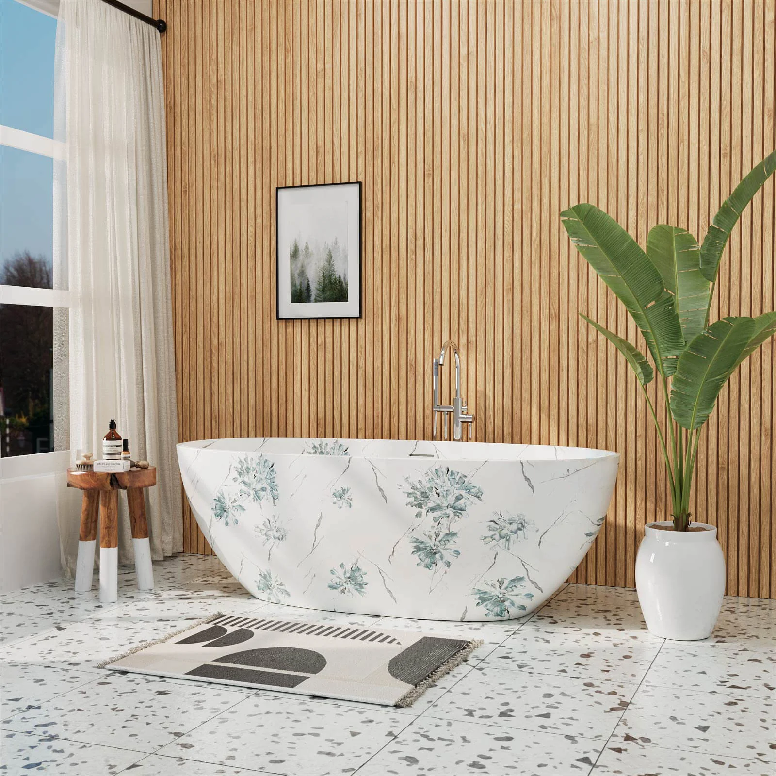 65" Floral Patterned Freestanding Tub with Stone-Inspired Art Finish - Image 5