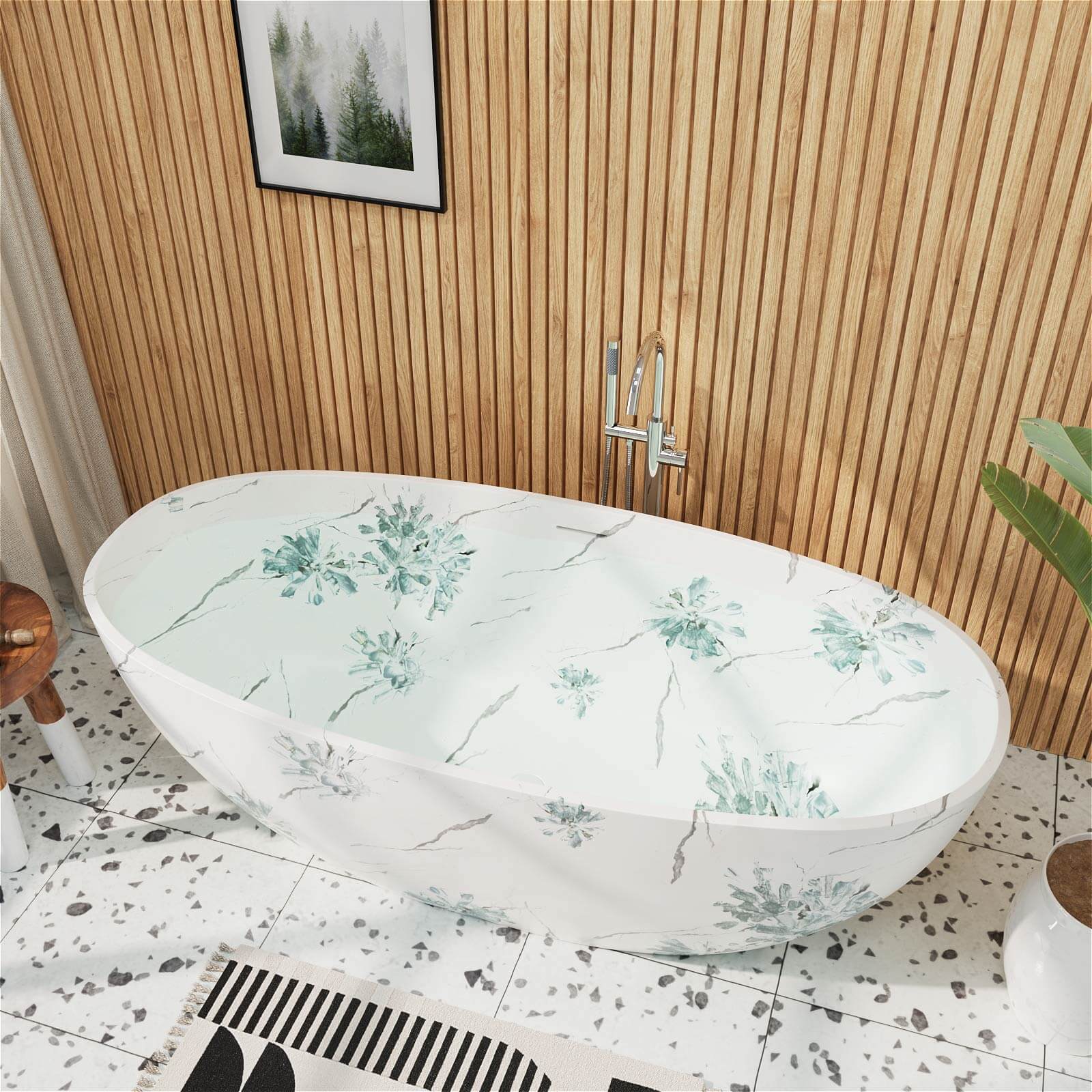 65" Floral Patterned Freestanding Tub with Stone-Inspired Art Finish - Image 6