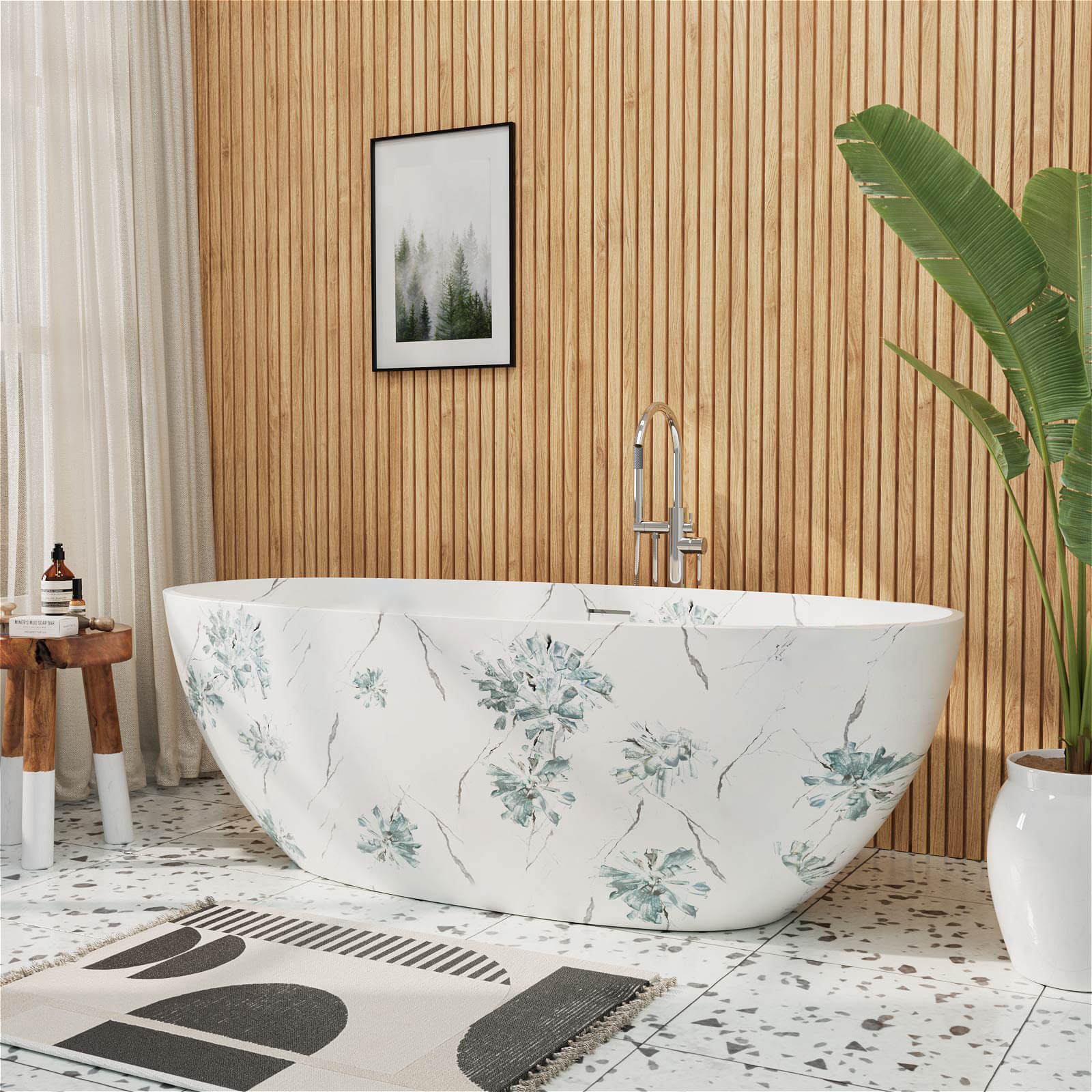 65" Floral Patterned Freestanding Tub with Stone-Inspired Art Finish - Image 7