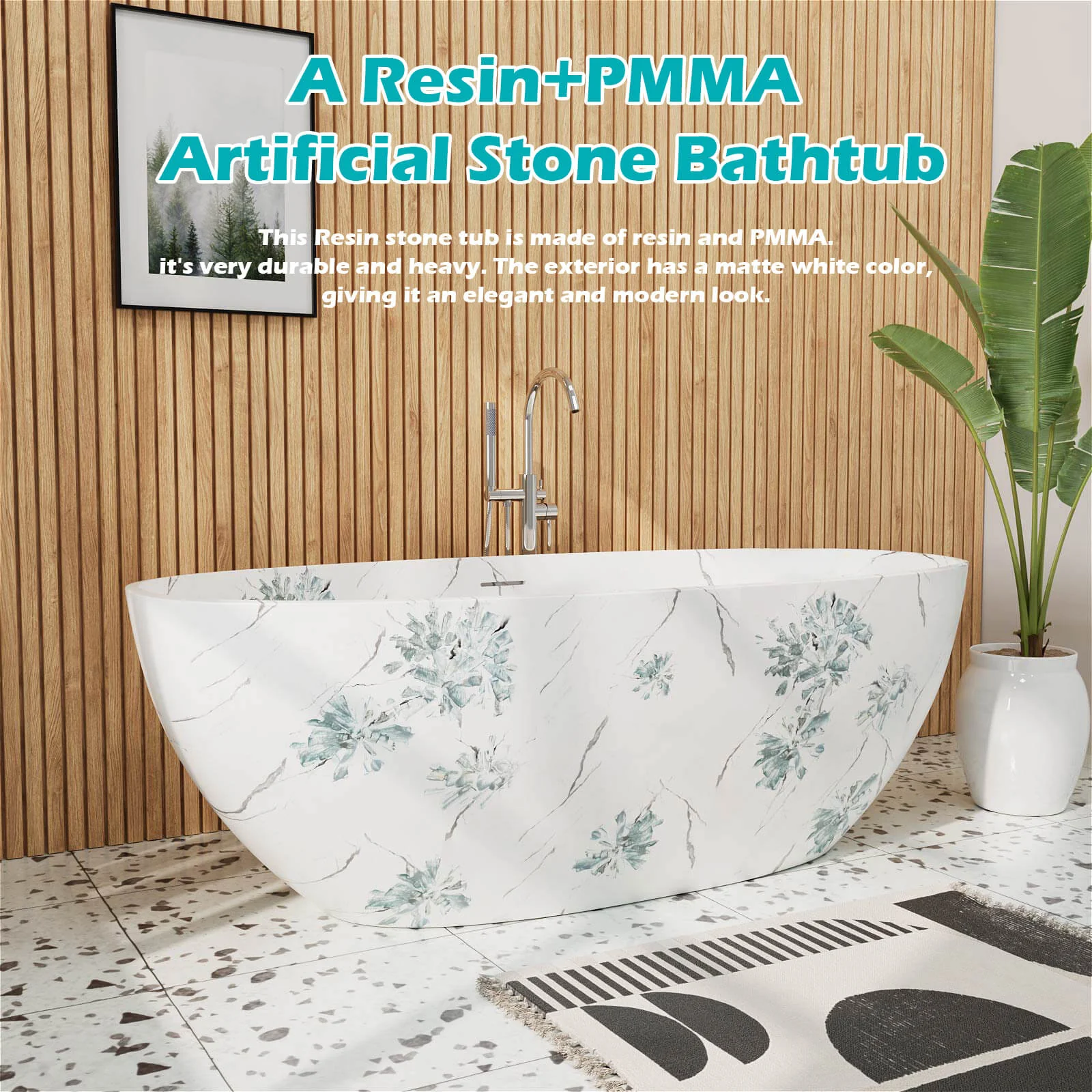 65" Floral Patterned Freestanding Tub with Stone-Inspired Art Finish - Image 8