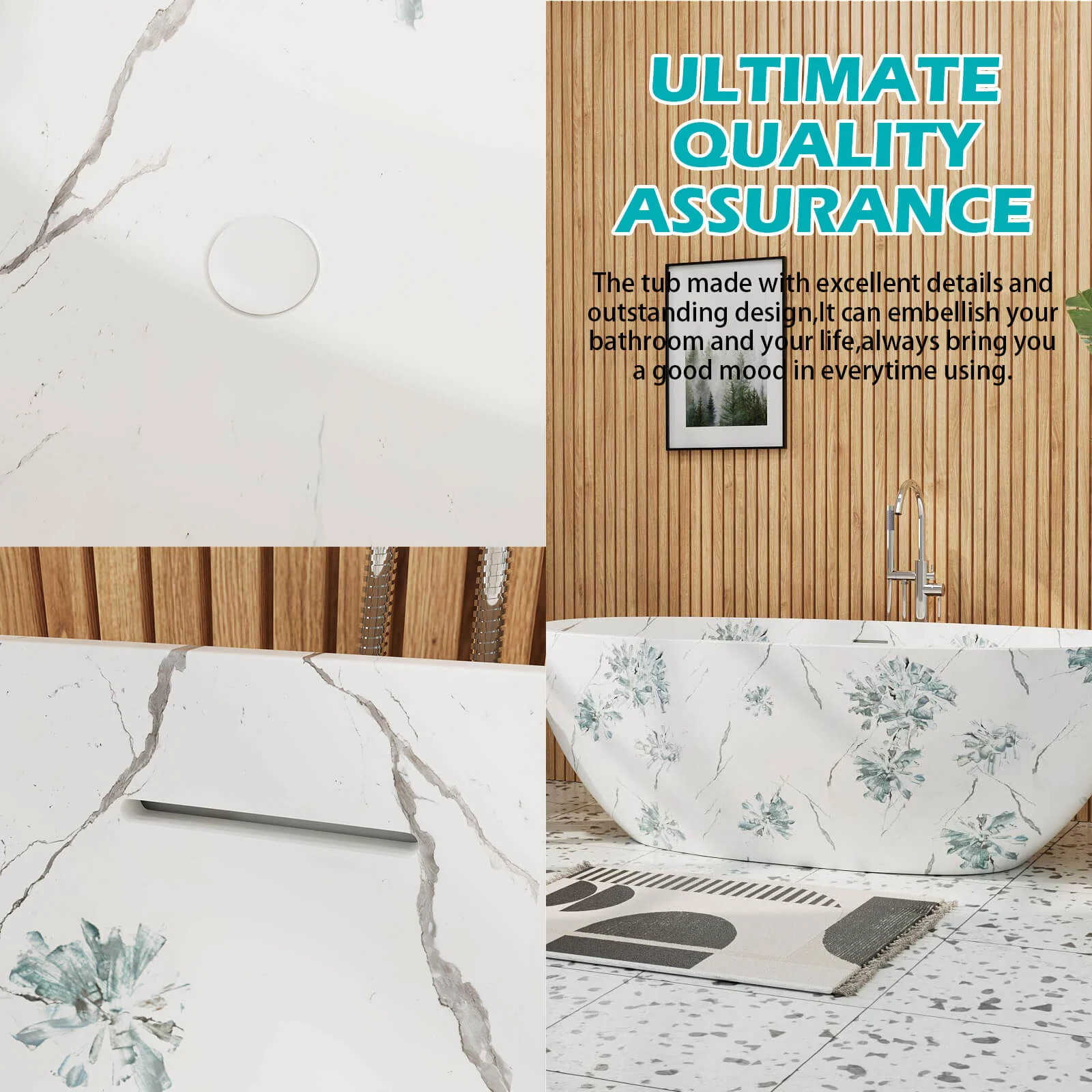 65" Floral Patterned Freestanding Tub with Stone-Inspired Art Finish - Image 9