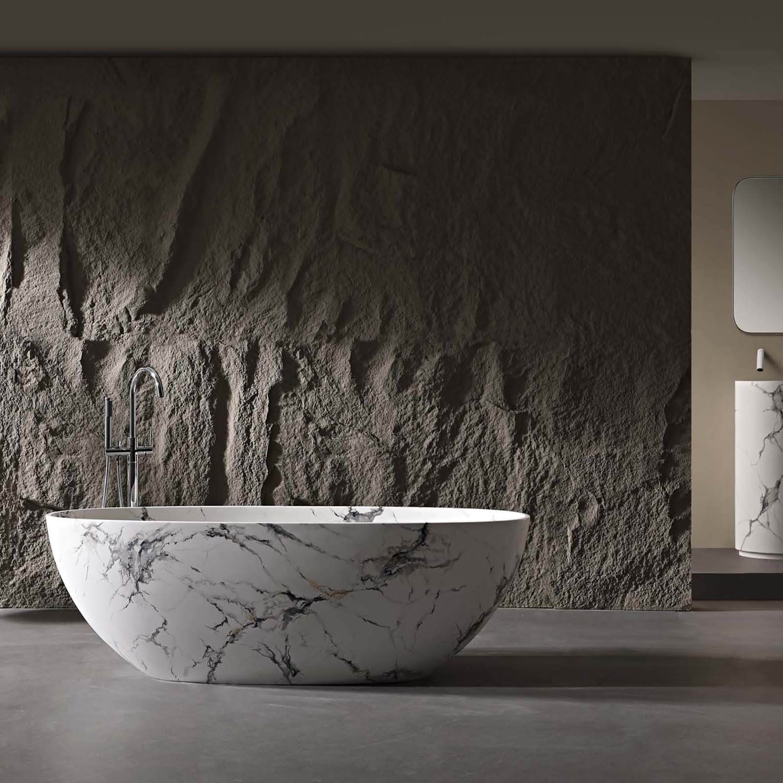 65" Luxurious Solid Surface Freestanding Bathtub with Marble Pattern - Image 3