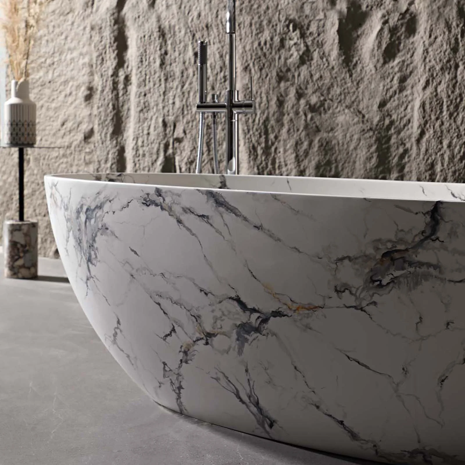 65" Luxurious Solid Surface Freestanding Bathtub with Marble Pattern - Image 4