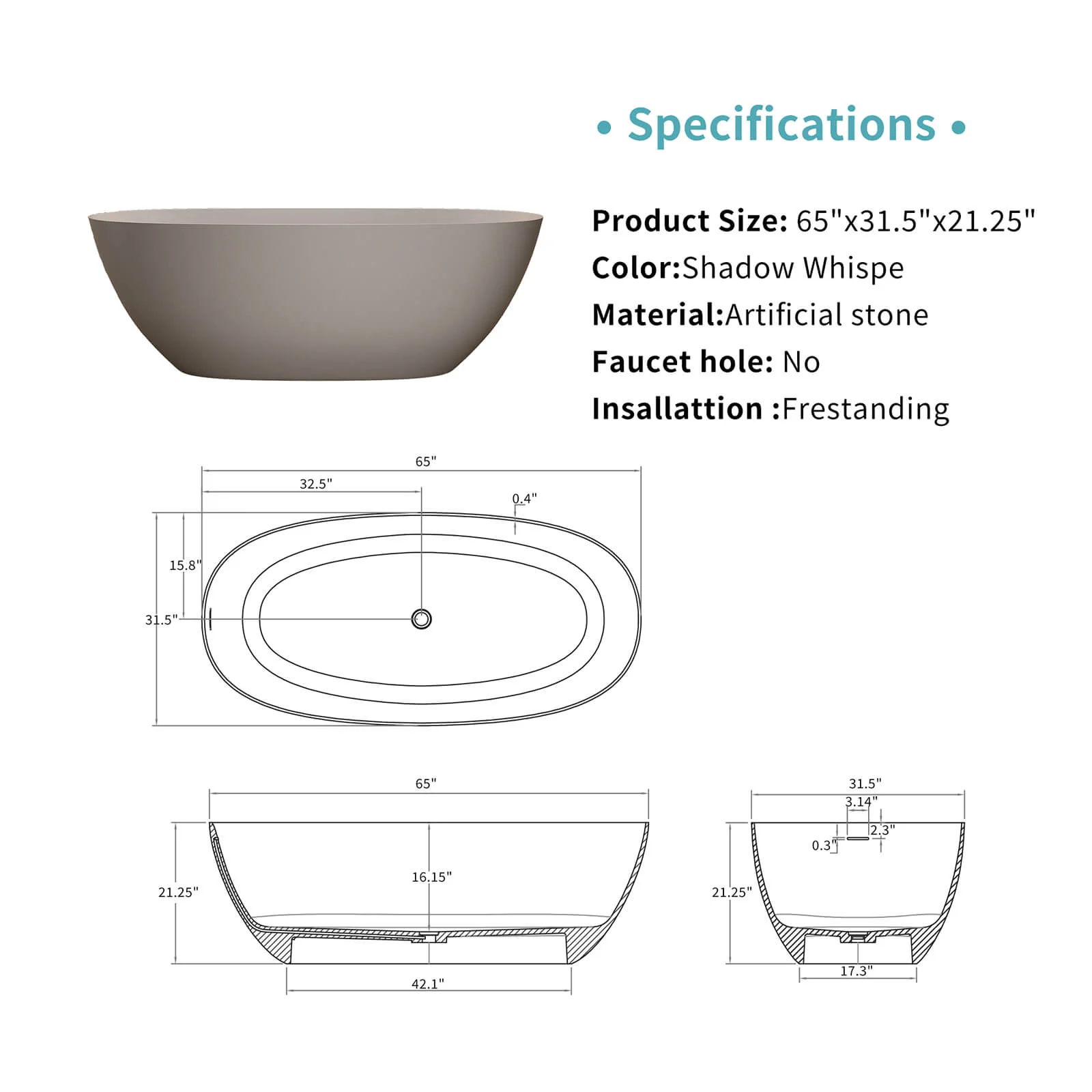 65" Oval Beige Solid Surface Bathtub – Sleek Ergonomic Design - Image 6