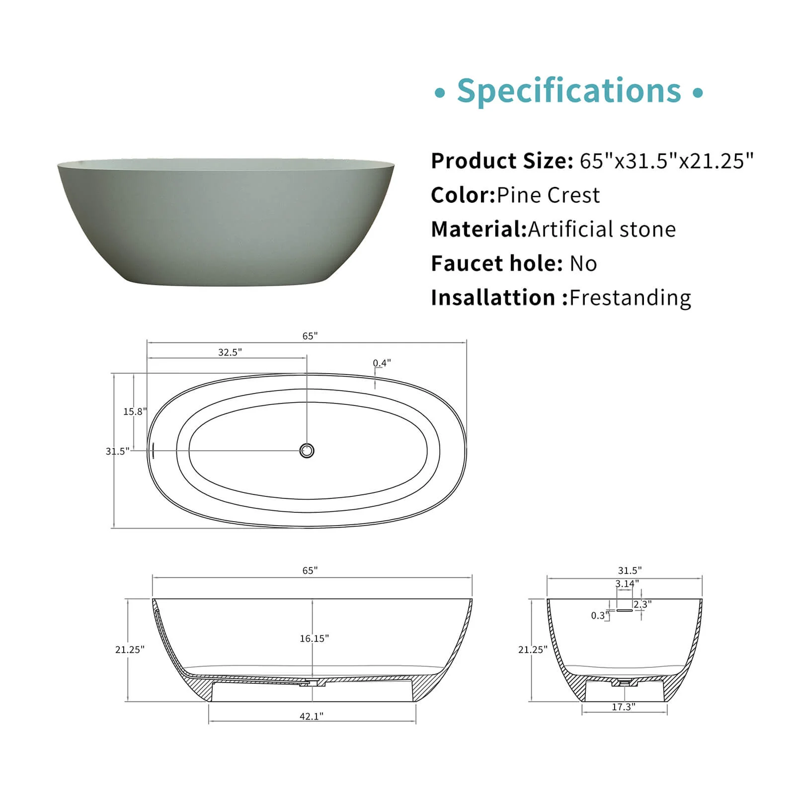 65" Oval Turquoise Green Solid Surface Bathtub – Sleek Ergonomic Design - Image 6