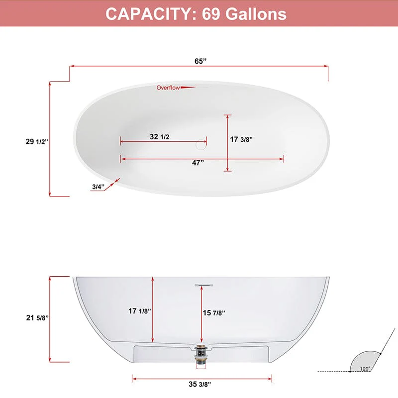 65'' Modern Freestanding Soaking Bathtub Solid Surface Stone Resin Oval Shaped - Image 9