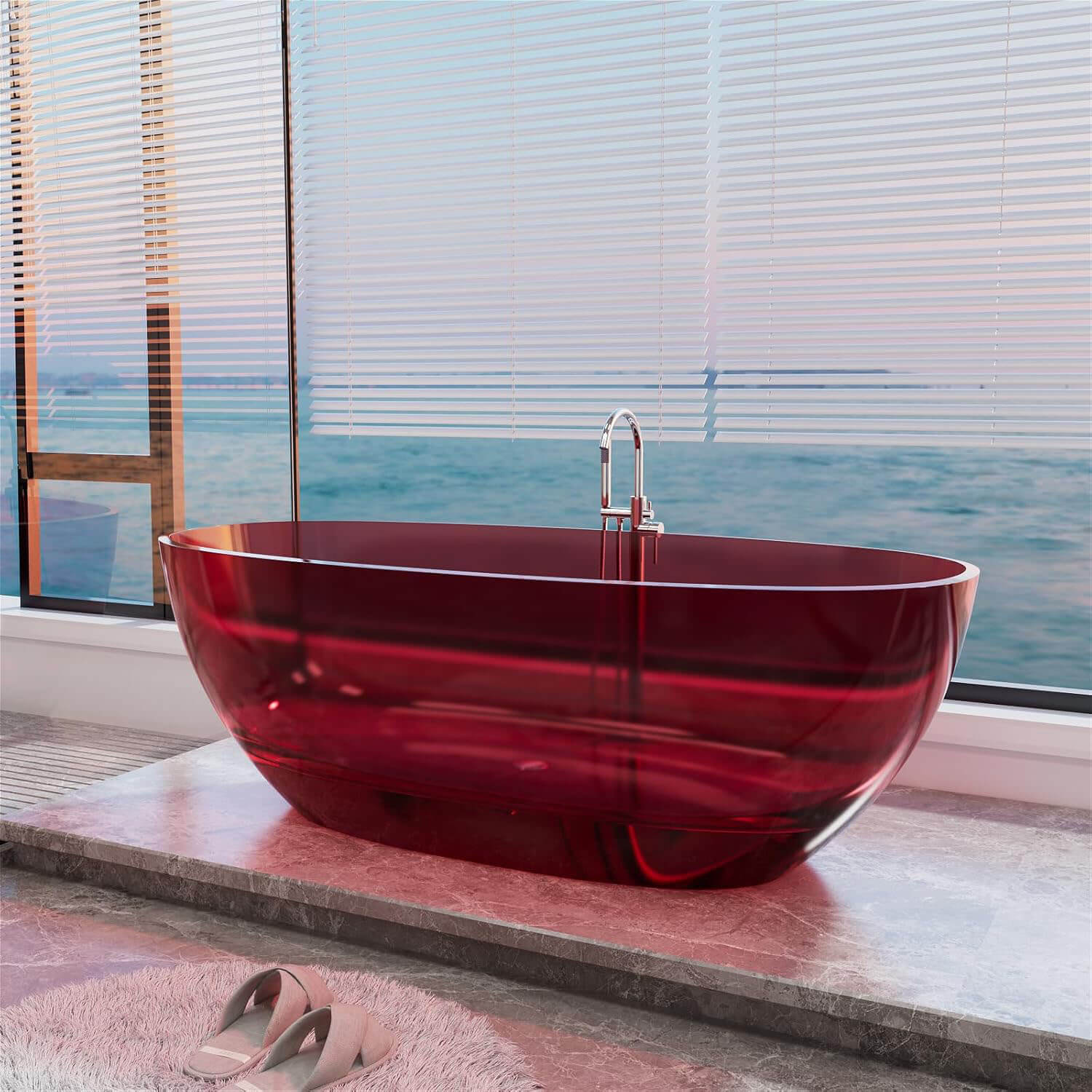65" Red Transparent Freestanding Resin Bathtub - Image 4
