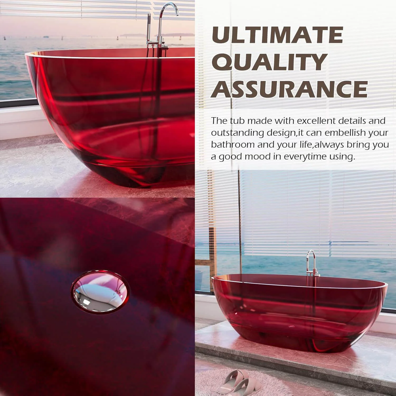 65" Red Transparent Freestanding Resin Bathtub - Image 6