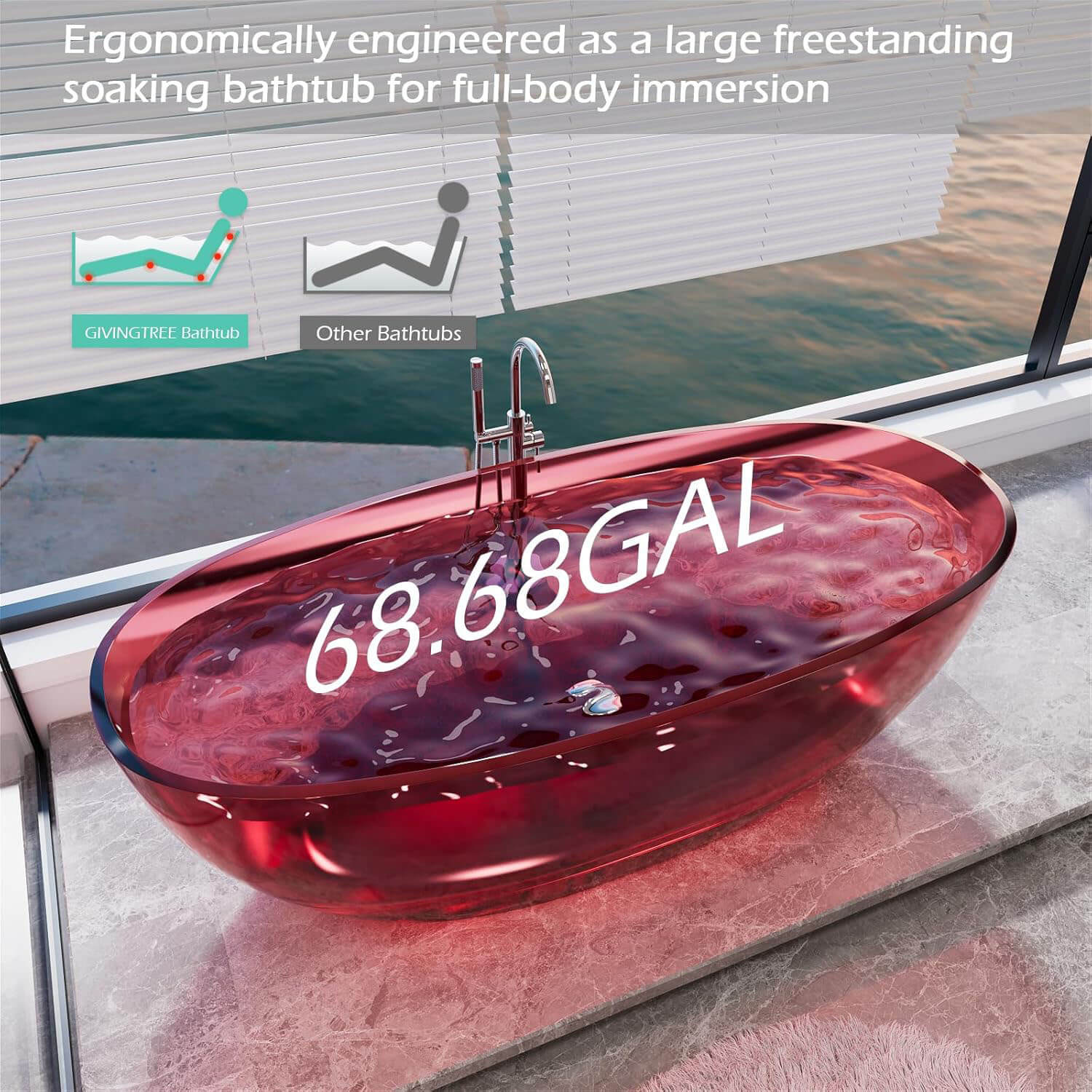 65" Red Transparent Freestanding Resin Bathtub - Image 7