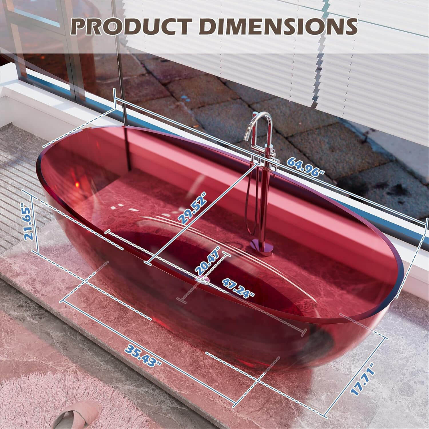 65" Red Transparent Freestanding Resin Bathtub - Image 8