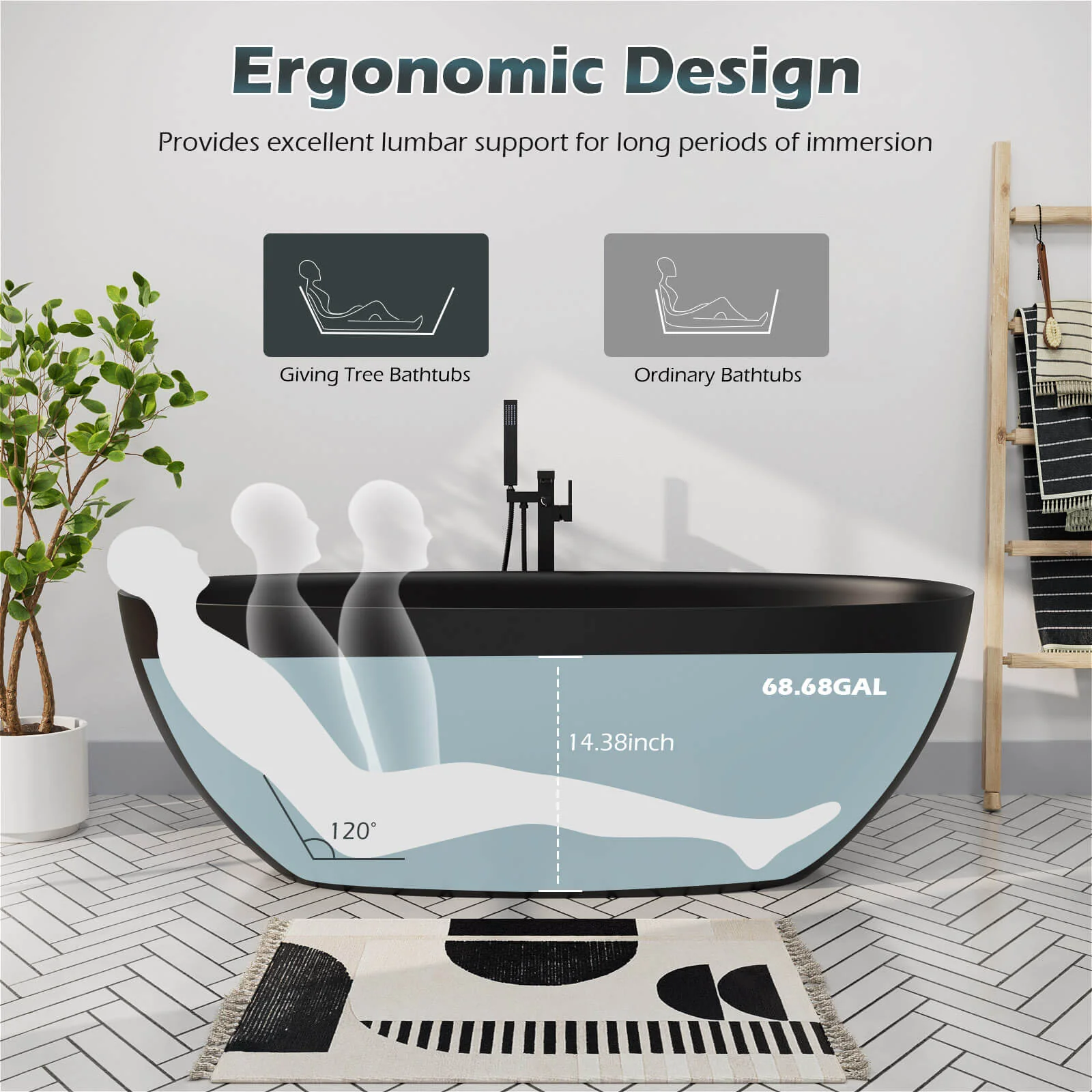 65'' Solid Surface Stone Resin Modern Oval Shaped Freestanding Soaking Bathtub with Overflow - Image 10