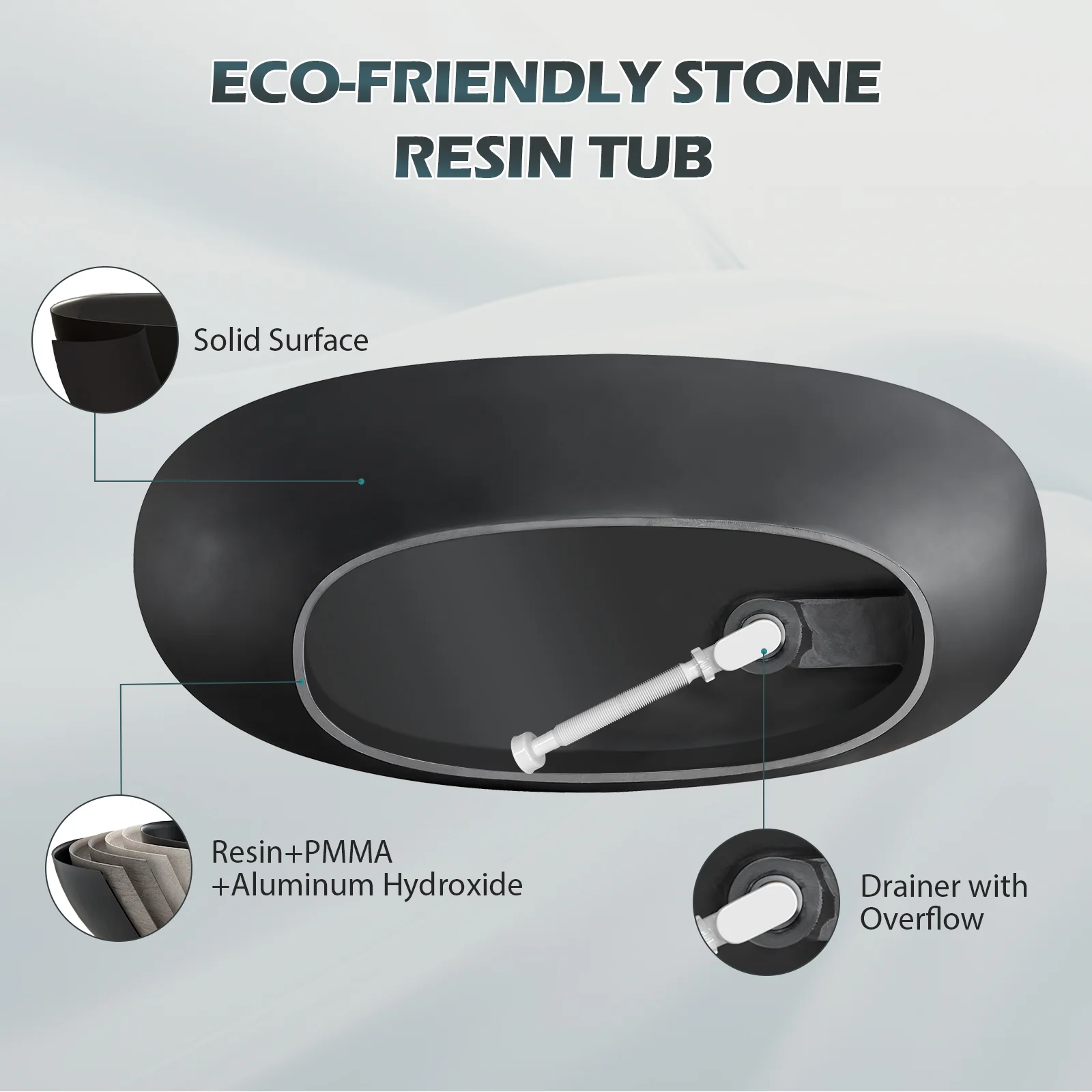 65'' Solid Surface Stone Resin Modern Oval Shaped Freestanding Soaking Bathtub with Overflow - Image 12