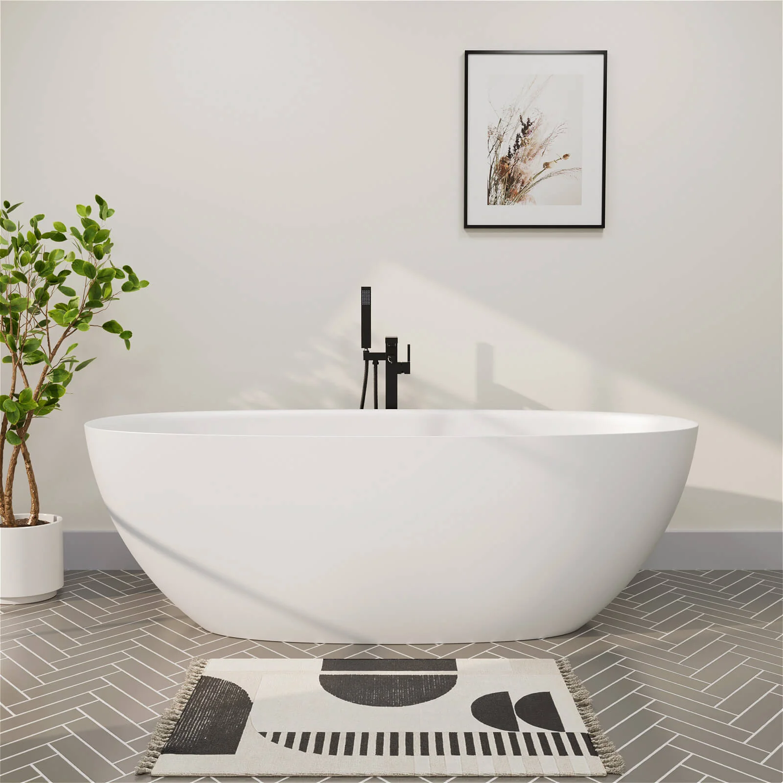 65'' Solid Surface Stone Resin Modern Oval Shaped Freestanding Soaking Bathtub with Overflow - Image 15