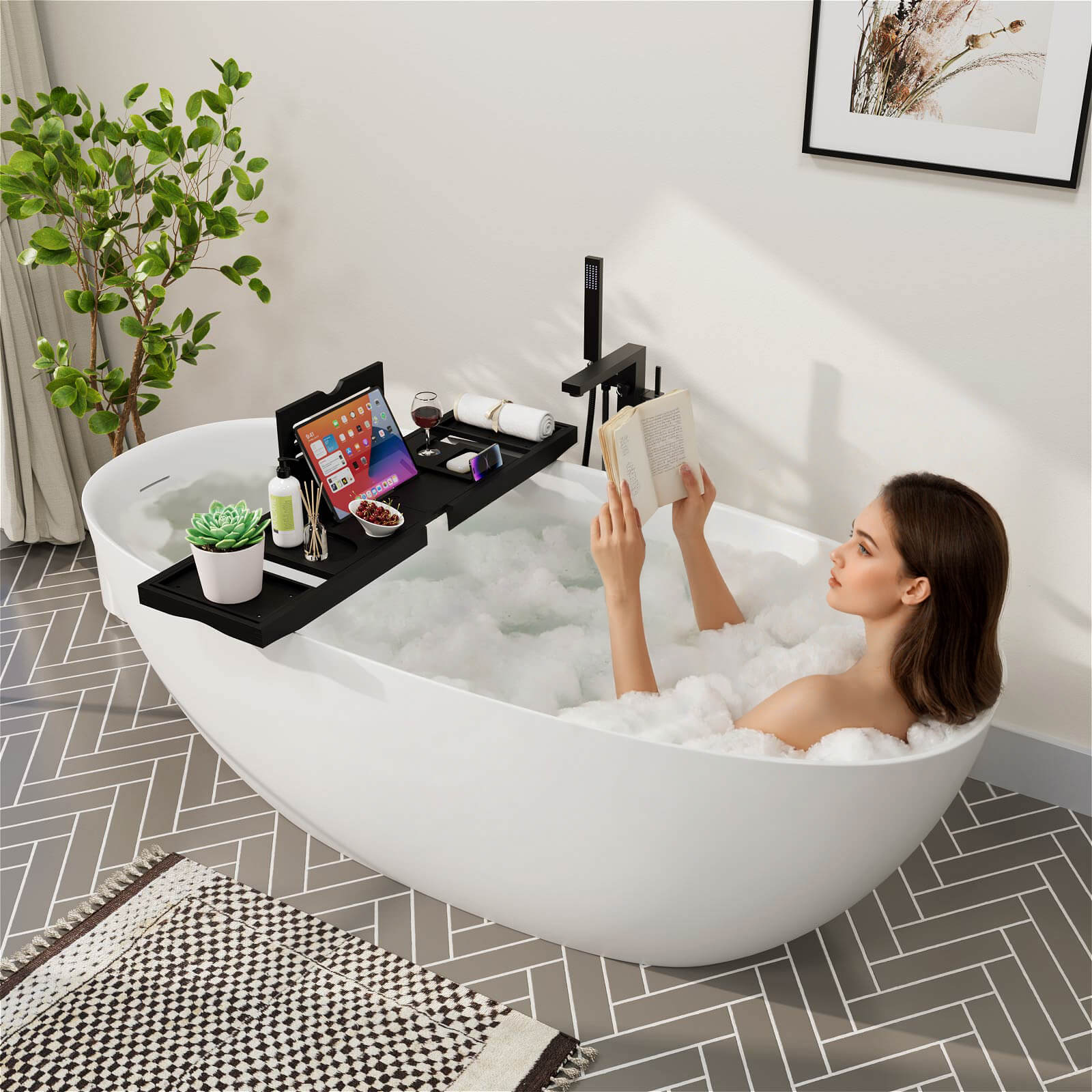 65'' Solid Surface Stone Resin Modern Oval Shaped Freestanding Soaking Bathtub with Overflow - Image 16