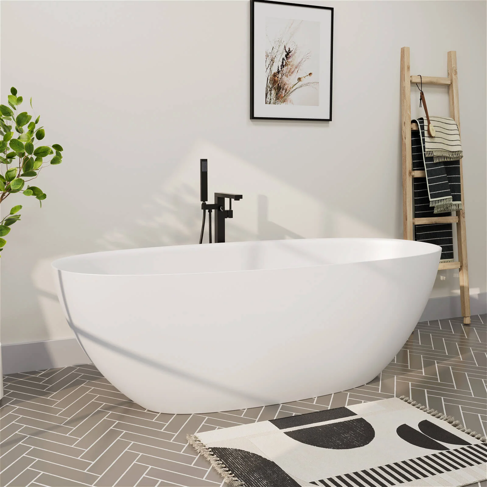 65'' Solid Surface Stone Resin Modern Oval Shaped Freestanding Soaking Bathtub with Overflow - Image 17