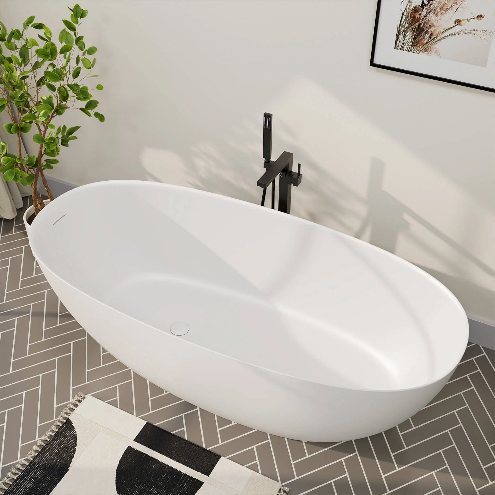 65'' Solid Surface Stone Resin Modern Oval Shaped Freestanding Soaking Bathtub with Overflow - Image 18