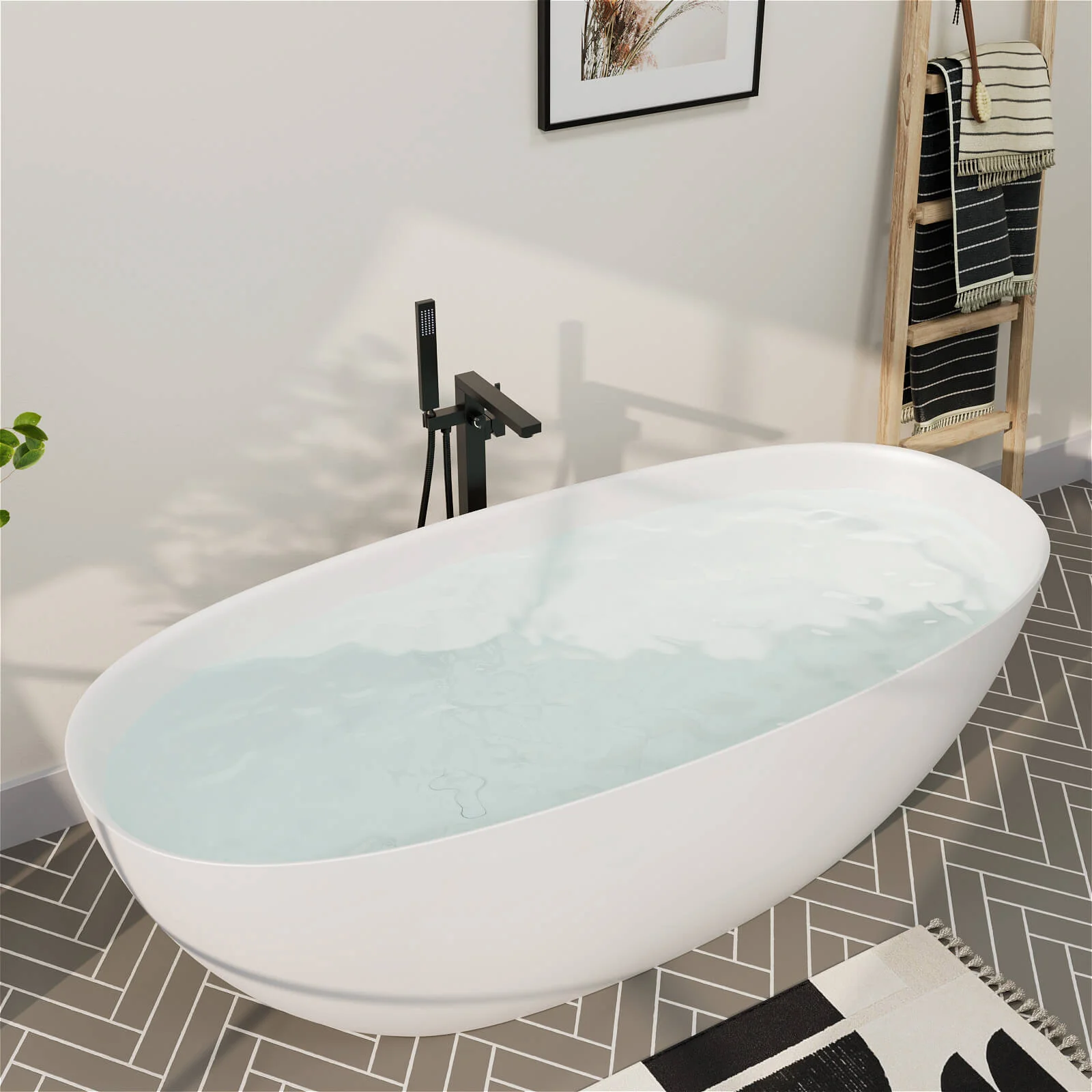 65'' Solid Surface Stone Resin Modern Oval Shaped Freestanding Soaking Bathtub with Overflow - Image 19