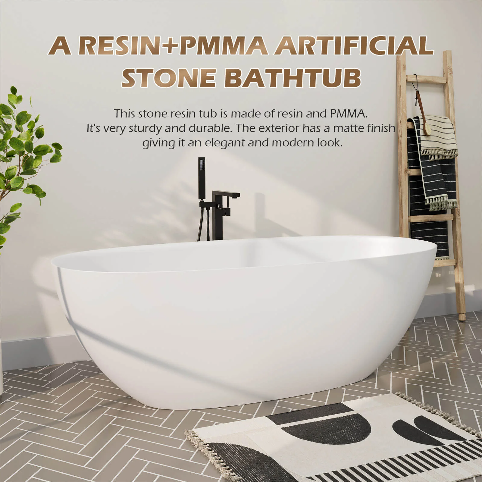 65'' Solid Surface Stone Resin Modern Oval Shaped Freestanding Soaking Bathtub with Overflow - Image 21