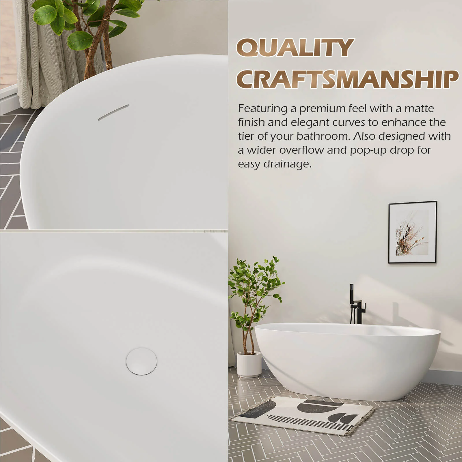 65'' Solid Surface Stone Resin Modern Oval Shaped Freestanding Soaking Bathtub with Overflow - Image 22