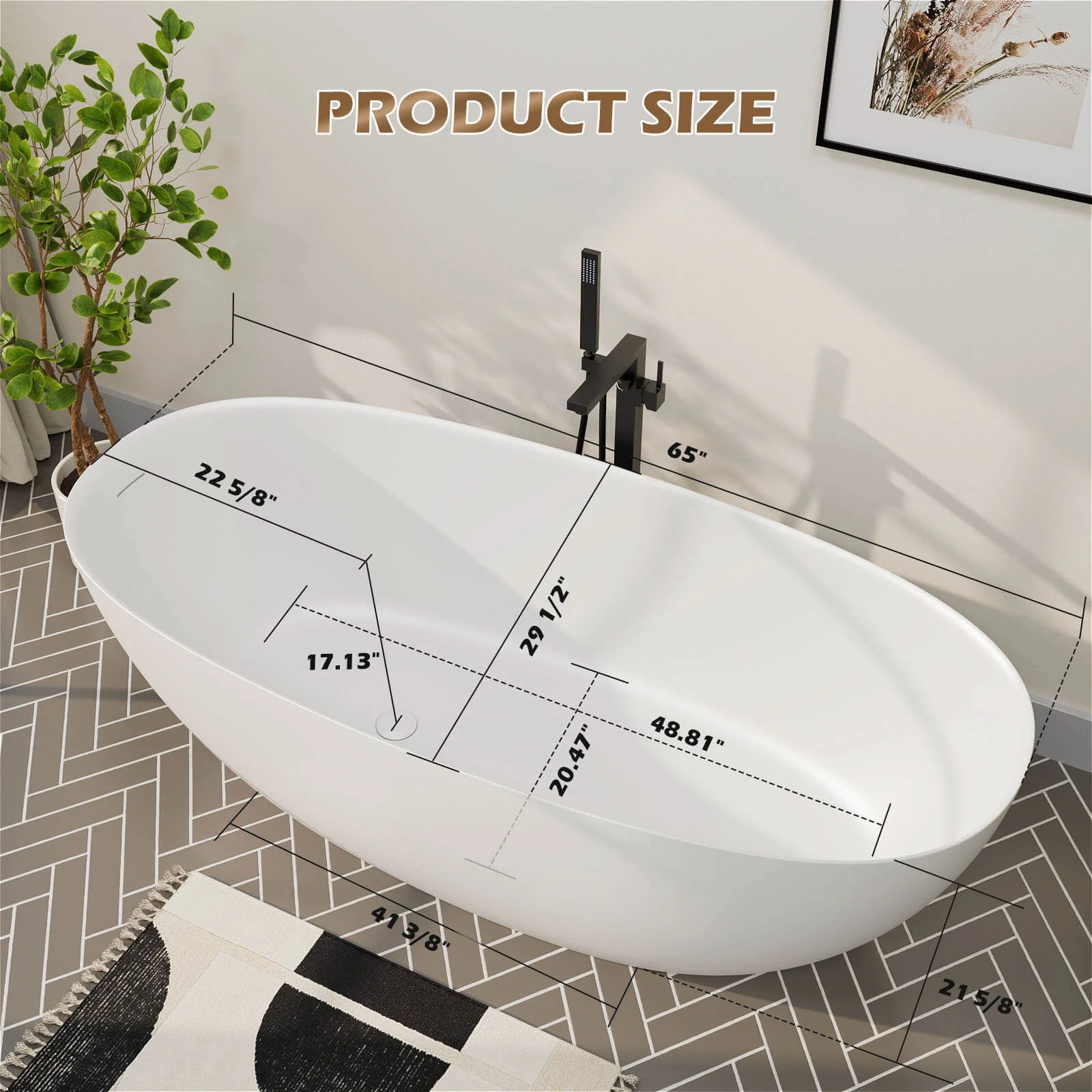 65'' Solid Surface Stone Resin Modern Oval Shaped Freestanding Soaking Bathtub with Overflow - Image 24
