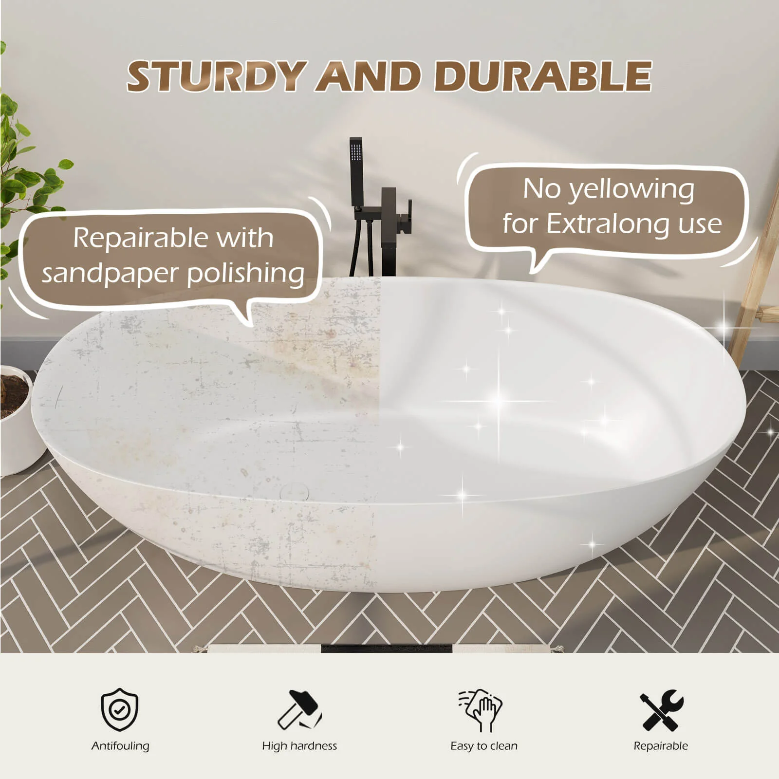 65'' Solid Surface Stone Resin Modern Oval Shaped Freestanding Soaking Bathtub with Overflow - Image 25