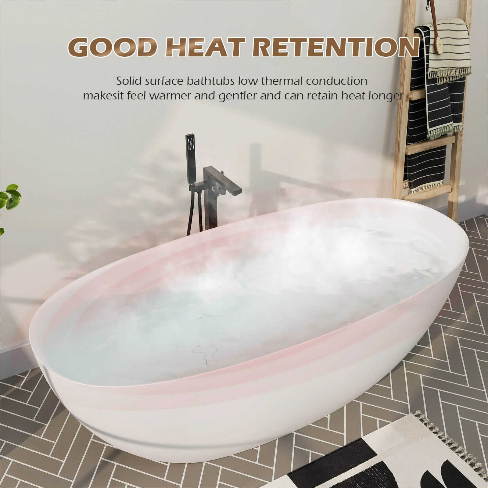 65'' Solid Surface Stone Resin Modern Oval Shaped Freestanding Soaking Bathtub with Overflow - Image 26