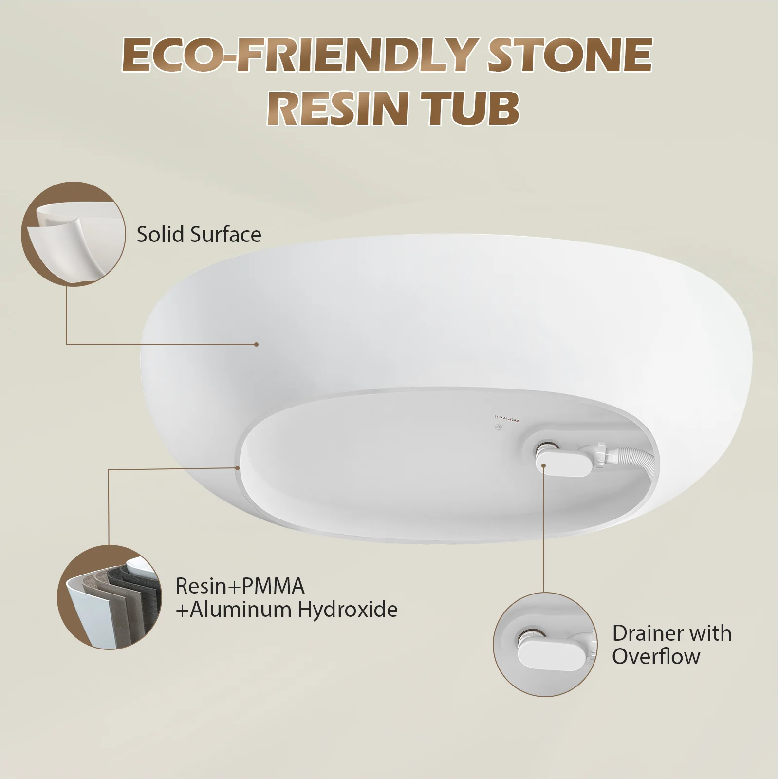 65'' Solid Surface Stone Resin Modern Oval Shaped Freestanding Soaking Bathtub with Overflow - Image 27