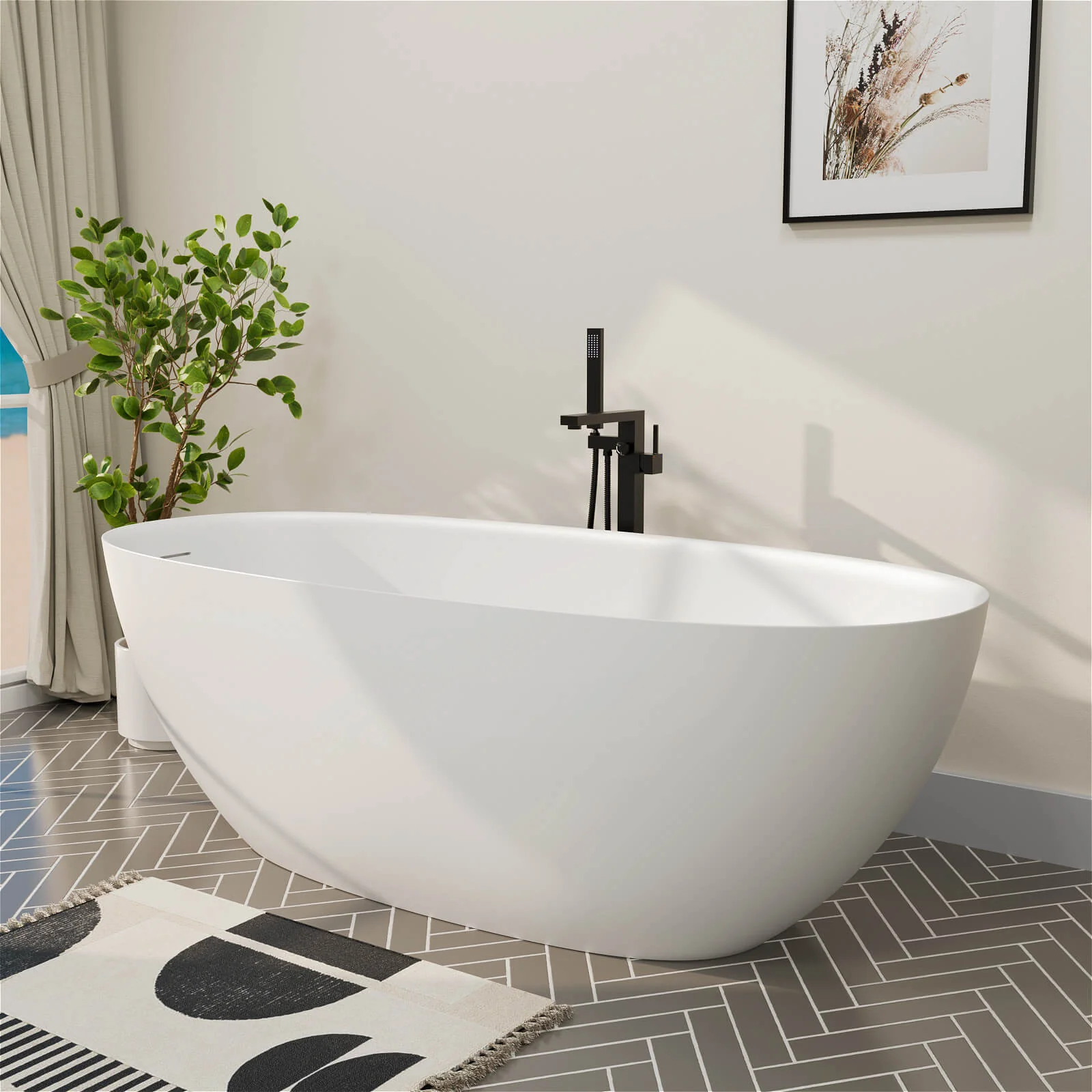 65'' Solid Surface Stone Resin Modern Oval Shaped Freestanding Soaking Bathtub with Overflow - Image 28