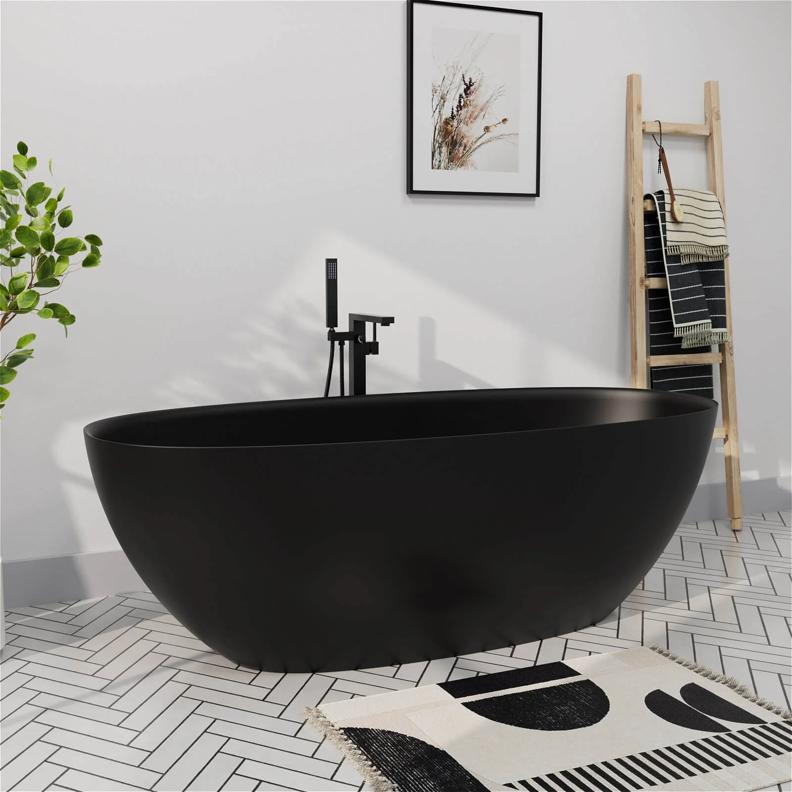 65'' Solid Surface Stone Resin Modern Oval Shaped Freestanding Soaking Bathtub with Overflow - Image 3
