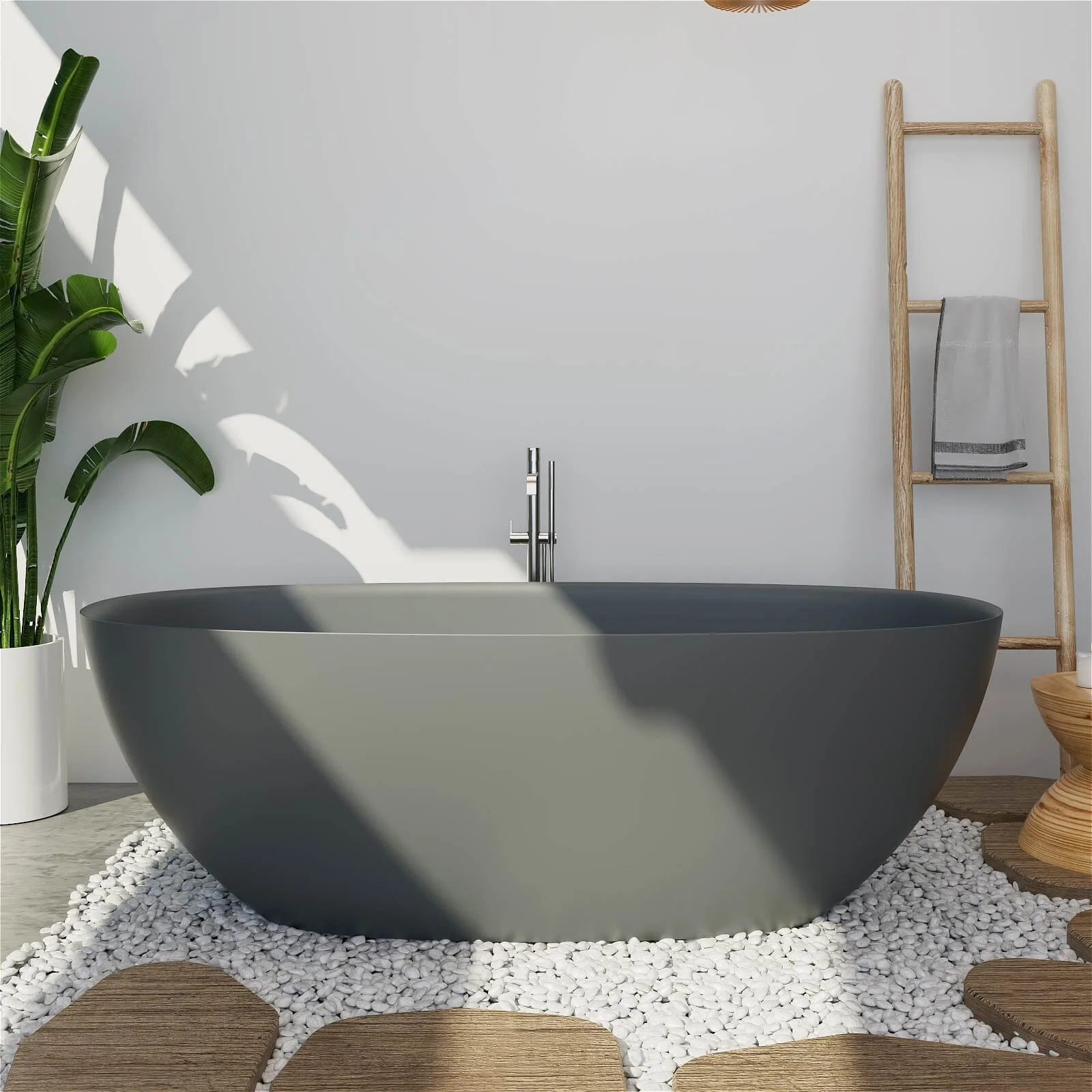 65'' Solid Surface Stone Resin Modern Oval Shaped Freestanding Soaking Bathtub with Overflow - Image 30