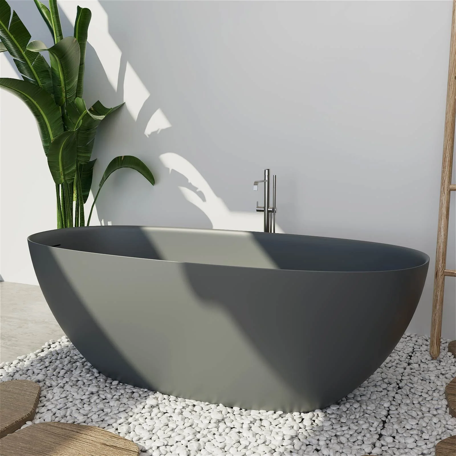 65'' Solid Surface Stone Resin Modern Oval Shaped Freestanding Soaking Bathtub with Overflow - Image 31