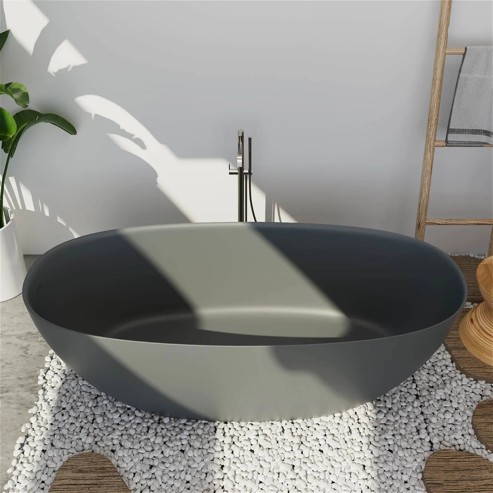 65'' Solid Surface Stone Resin Modern Oval Shaped Freestanding Soaking Bathtub with Overflow - Image 32