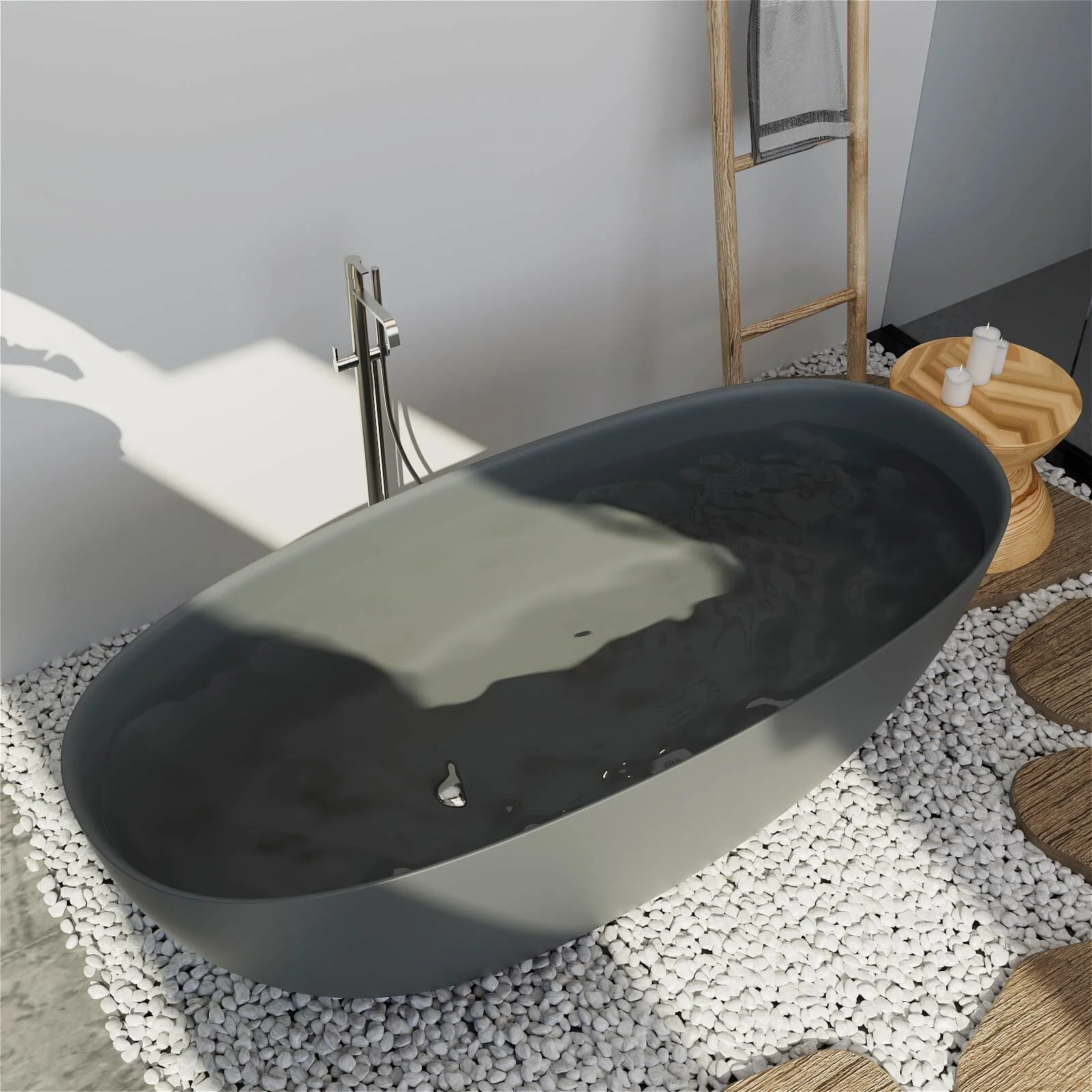 65'' Solid Surface Stone Resin Modern Oval Shaped Freestanding Soaking Bathtub with Overflow - Image 33