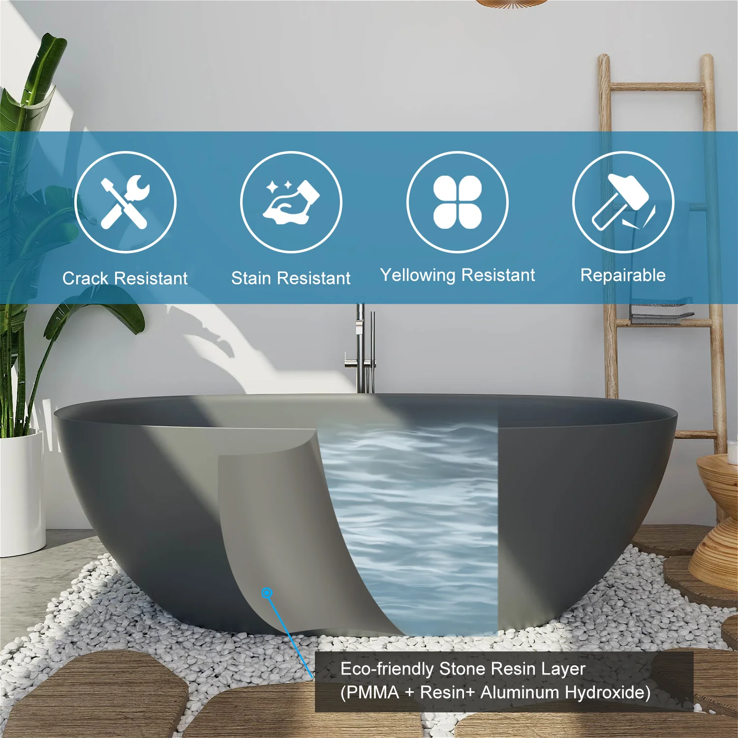 65'' Solid Surface Stone Resin Modern Oval Shaped Freestanding Soaking Bathtub with Overflow - Image 34