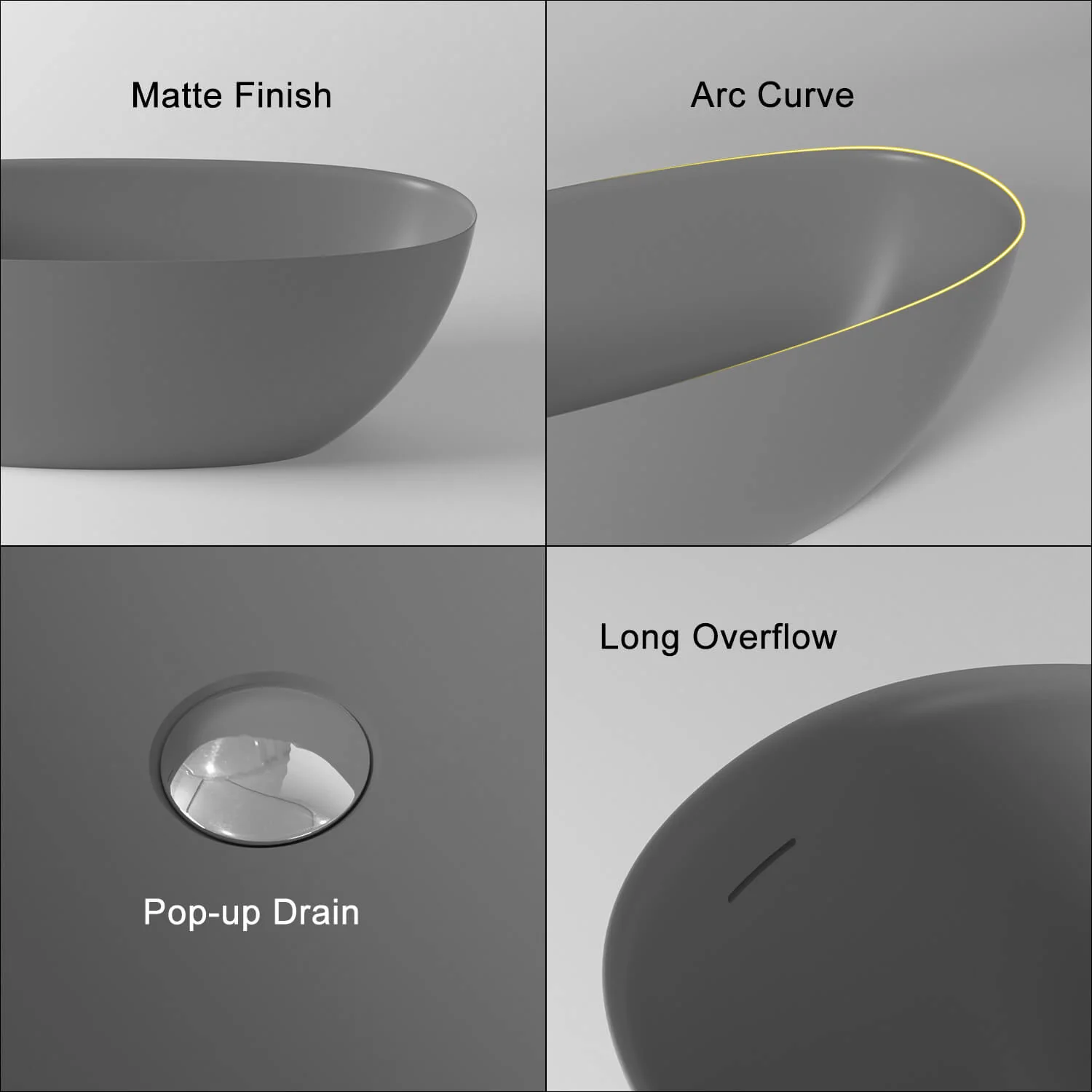 65'' Solid Surface Stone Resin Modern Oval Shaped Freestanding Soaking Bathtub with Overflow - Image 38