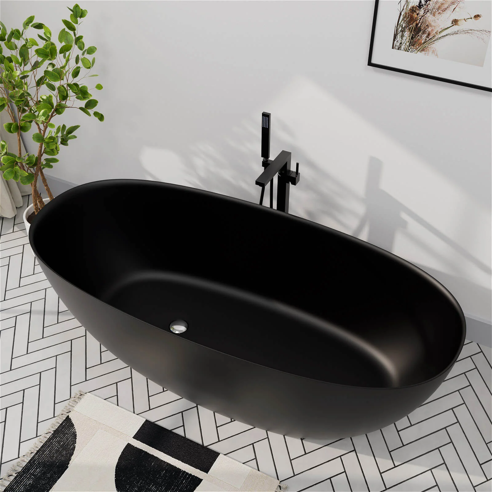 65'' Solid Surface Stone Resin Modern Oval Shaped Freestanding Soaking Bathtub with Overflow - Image 4