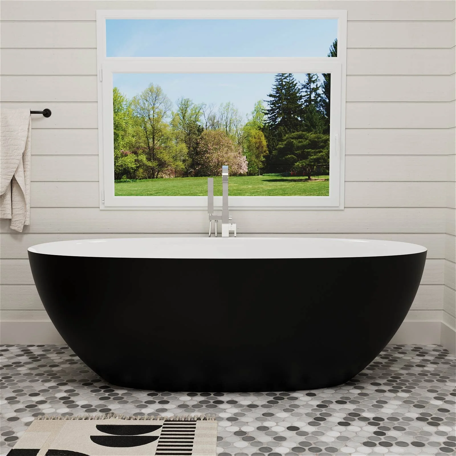 65'' Solid Surface Stone Resin Modern Oval Shaped Freestanding Soaking Bathtub with Overflow - Image 40
