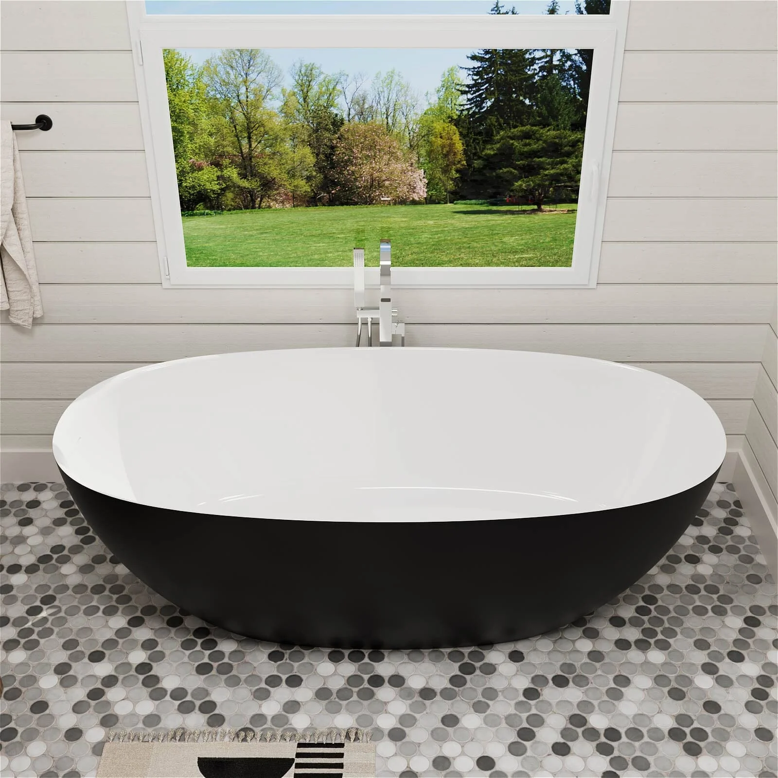 65'' Solid Surface Stone Resin Modern Oval Shaped Freestanding Soaking Bathtub with Overflow - Image 41