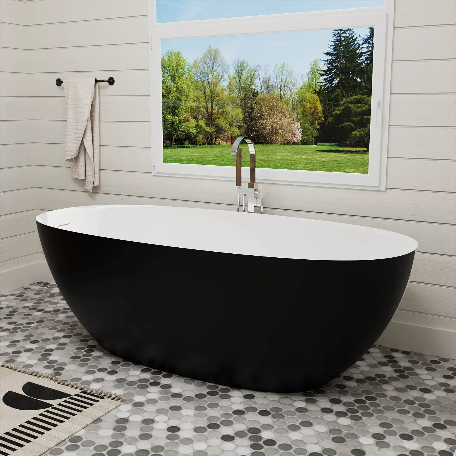 65'' Solid Surface Stone Resin Modern Oval Shaped Freestanding Soaking Bathtub with Overflow - Image 42
