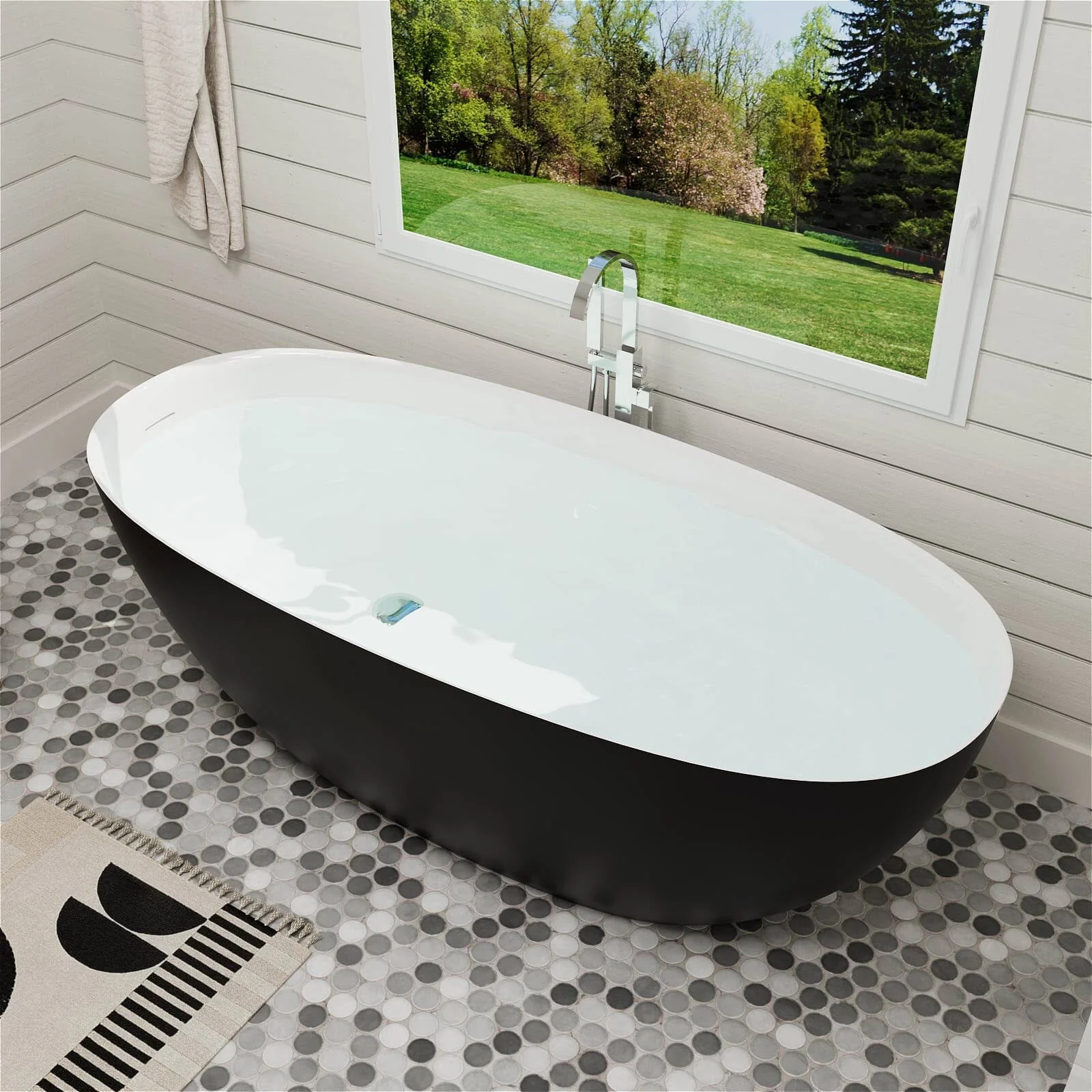 65'' Solid Surface Stone Resin Modern Oval Shaped Freestanding Soaking Bathtub with Overflow - Image 43