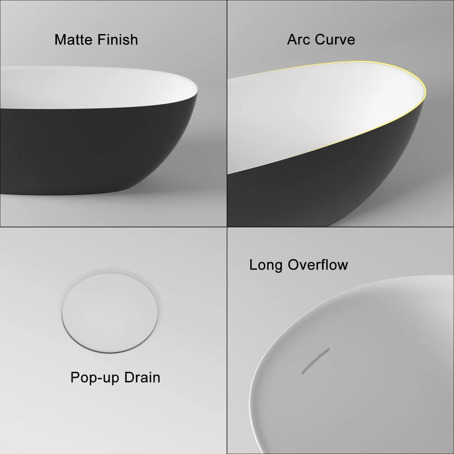 65'' Solid Surface Stone Resin Modern Oval Shaped Freestanding Soaking Bathtub with Overflow - Image 49