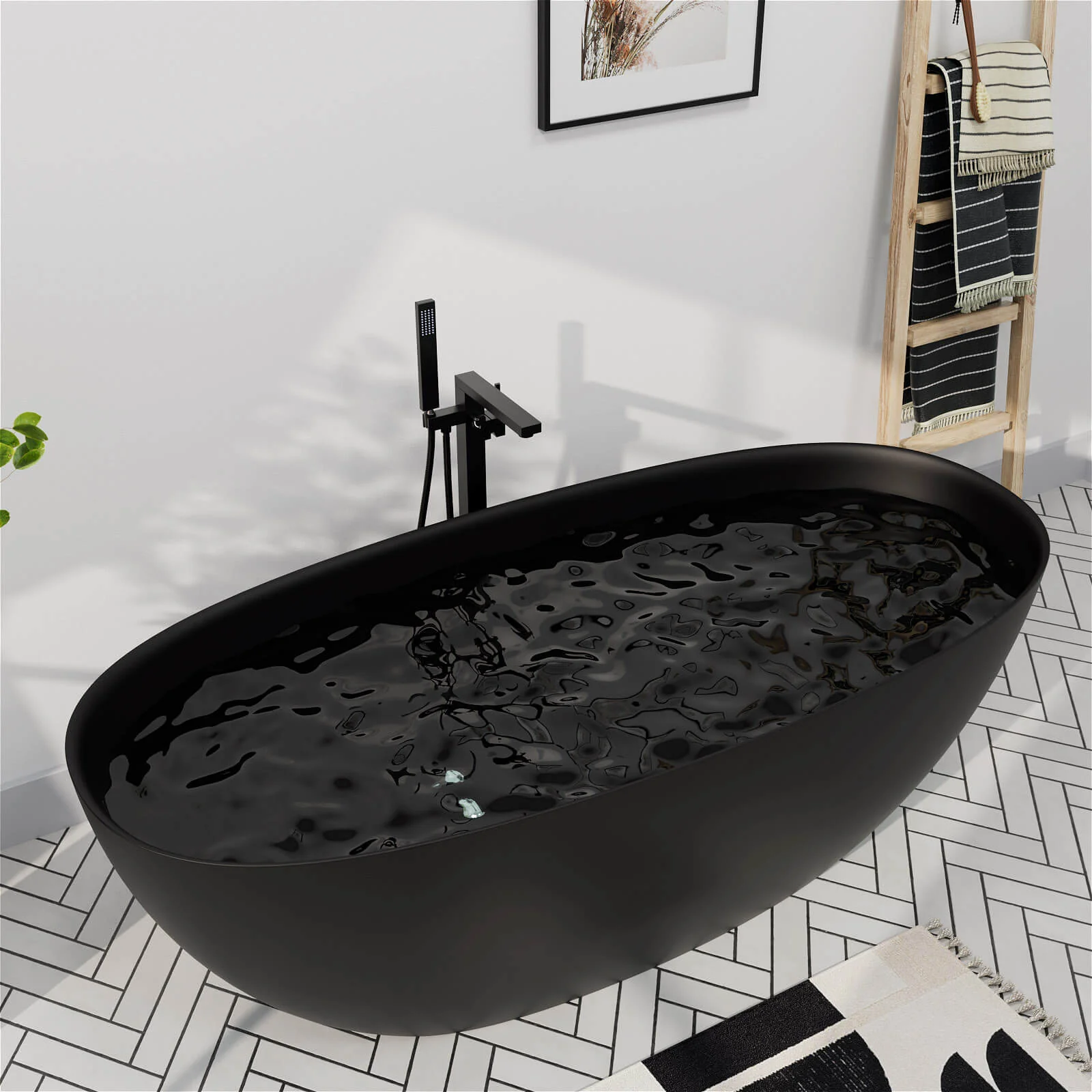 65'' Solid Surface Stone Resin Modern Oval Shaped Freestanding Soaking Bathtub with Overflow - Image 5