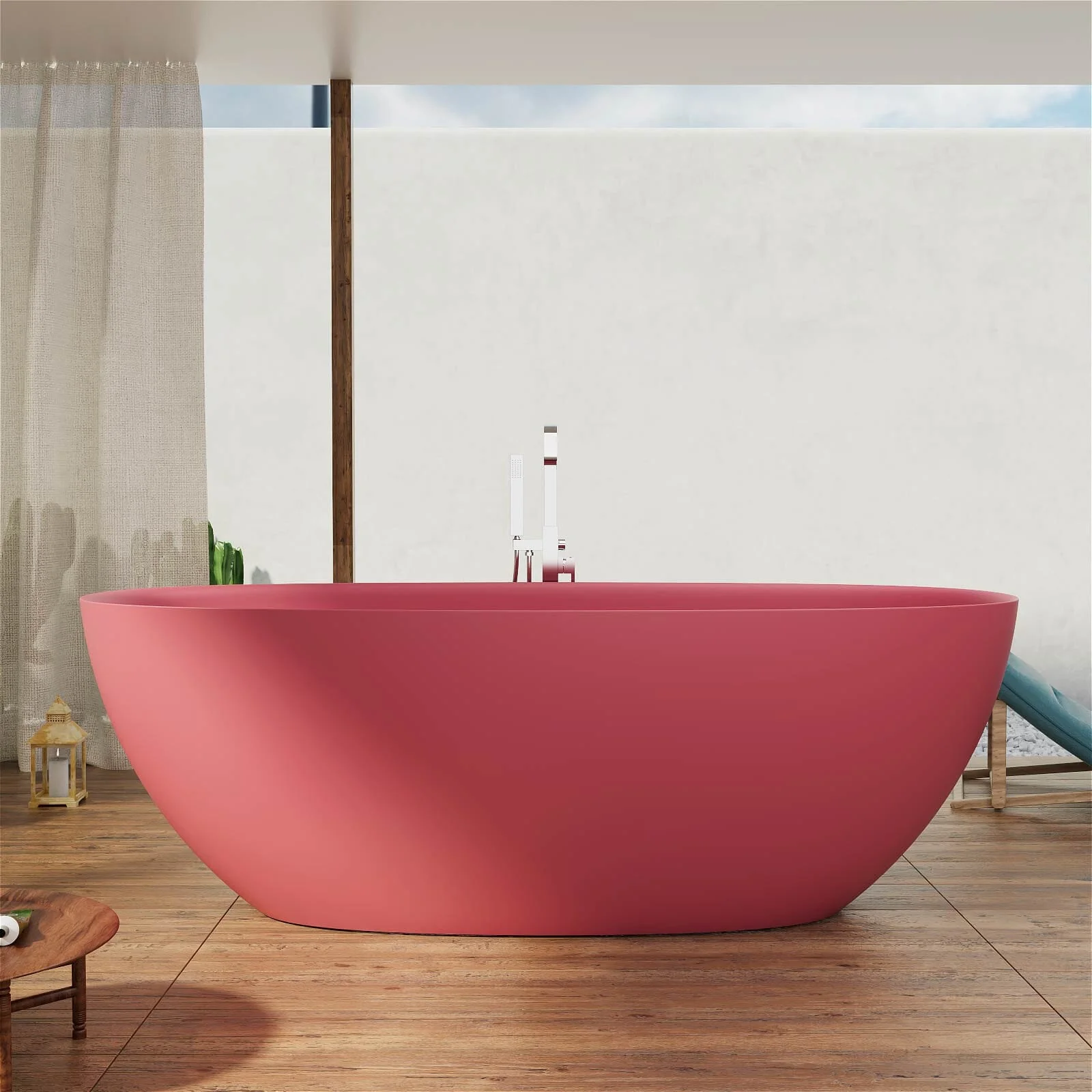 65'' Solid Surface Stone Resin Modern Oval Shaped Freestanding Soaking Bathtub with Overflow - Image 51