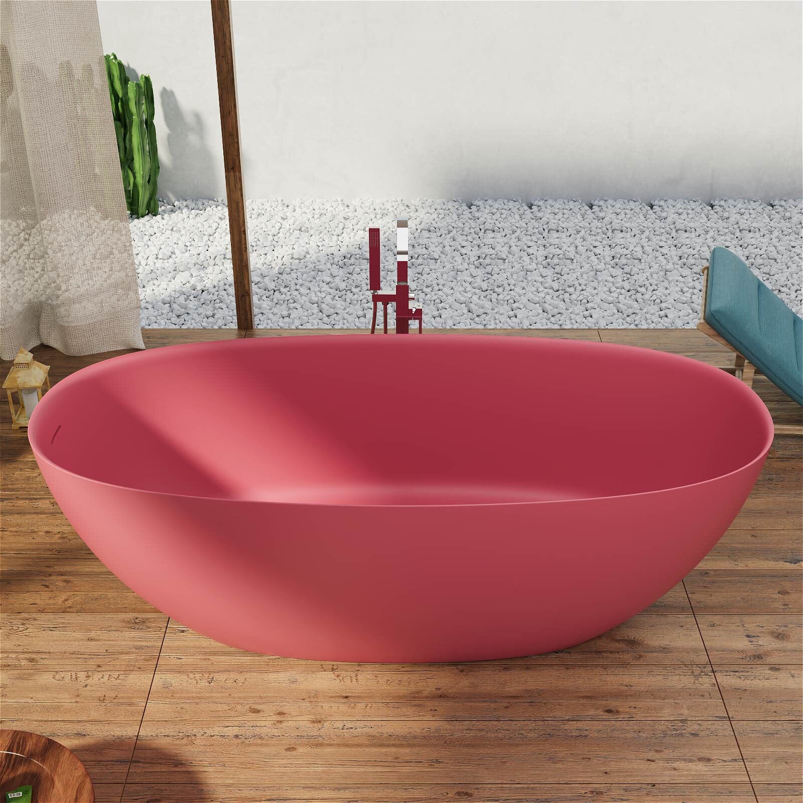 65'' Solid Surface Stone Resin Modern Oval Shaped Freestanding Soaking Bathtub with Overflow - Image 52
