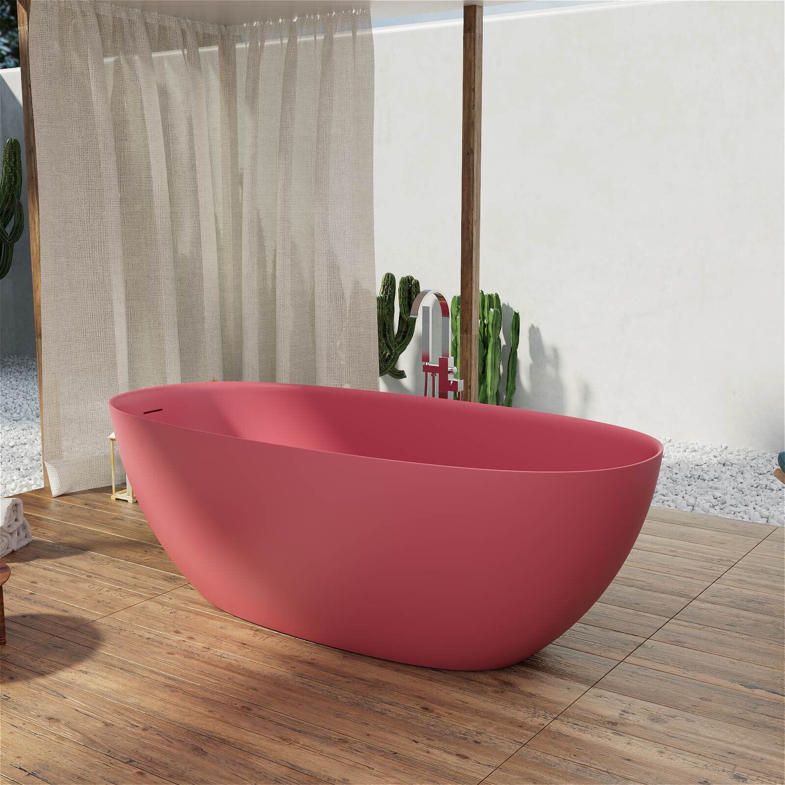 65'' Solid Surface Stone Resin Modern Oval Shaped Freestanding Soaking Bathtub with Overflow - Image 53