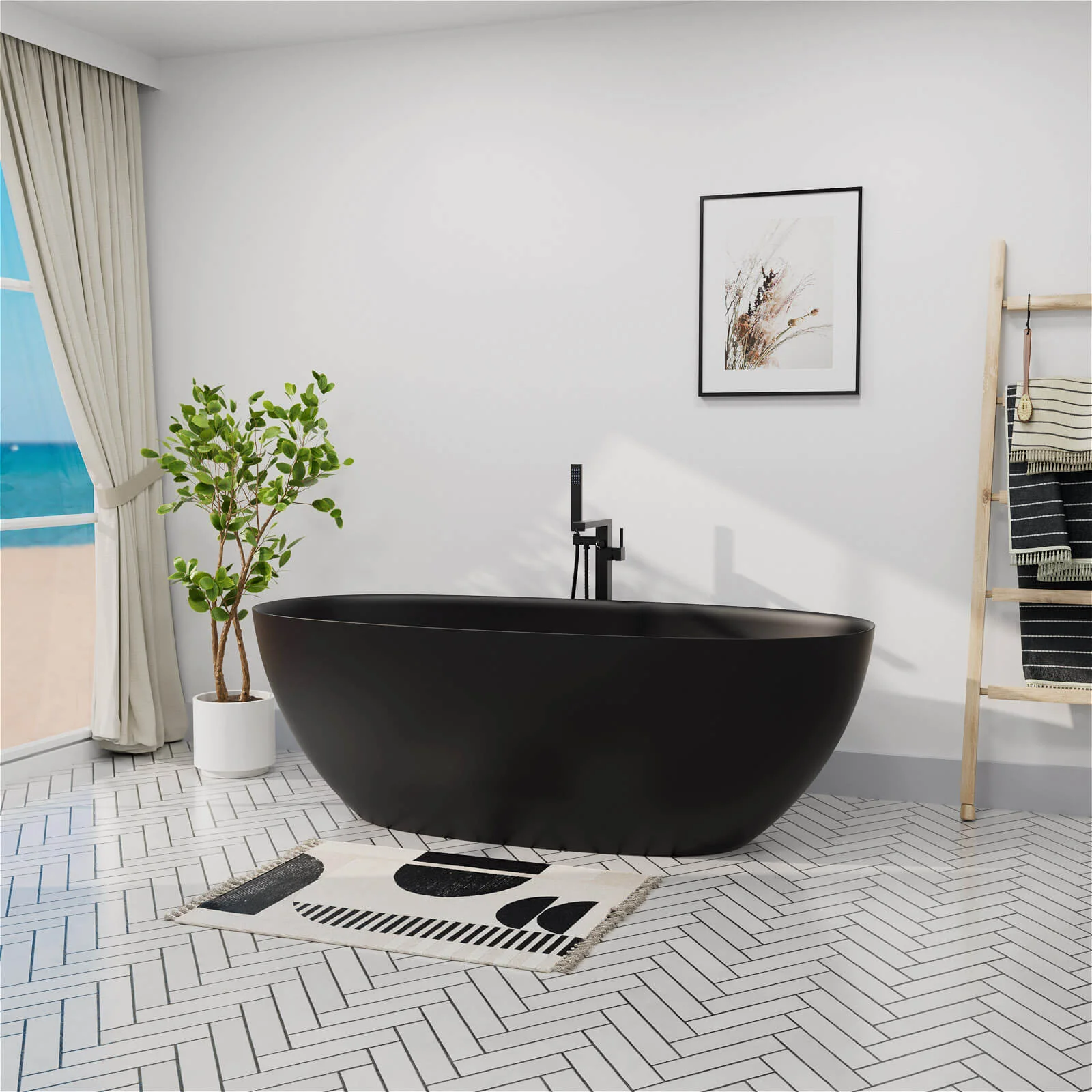 65'' Solid Surface Stone Resin Modern Oval Shaped Freestanding Soaking Bathtub with Overflow - Image 6